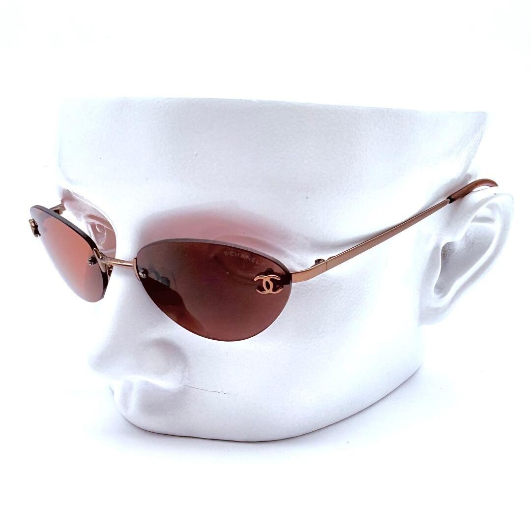 CHANEL 4003 Rimless Oval Sunglasses Bronze Red Lens Coco Mark Retro Chic