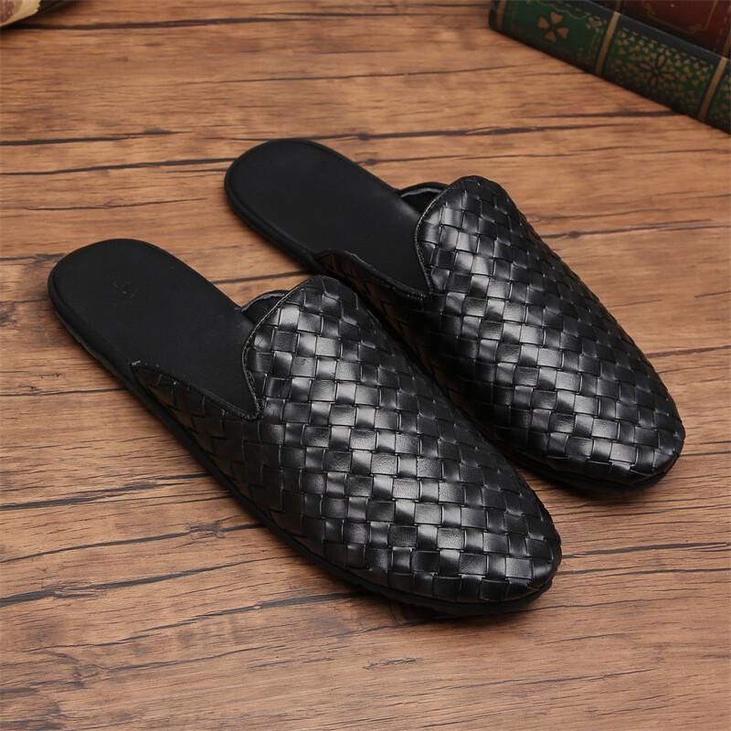 Men’s Leather Woven Slippers Flats Closed Toe Mules Handmade Casual Club Sandals