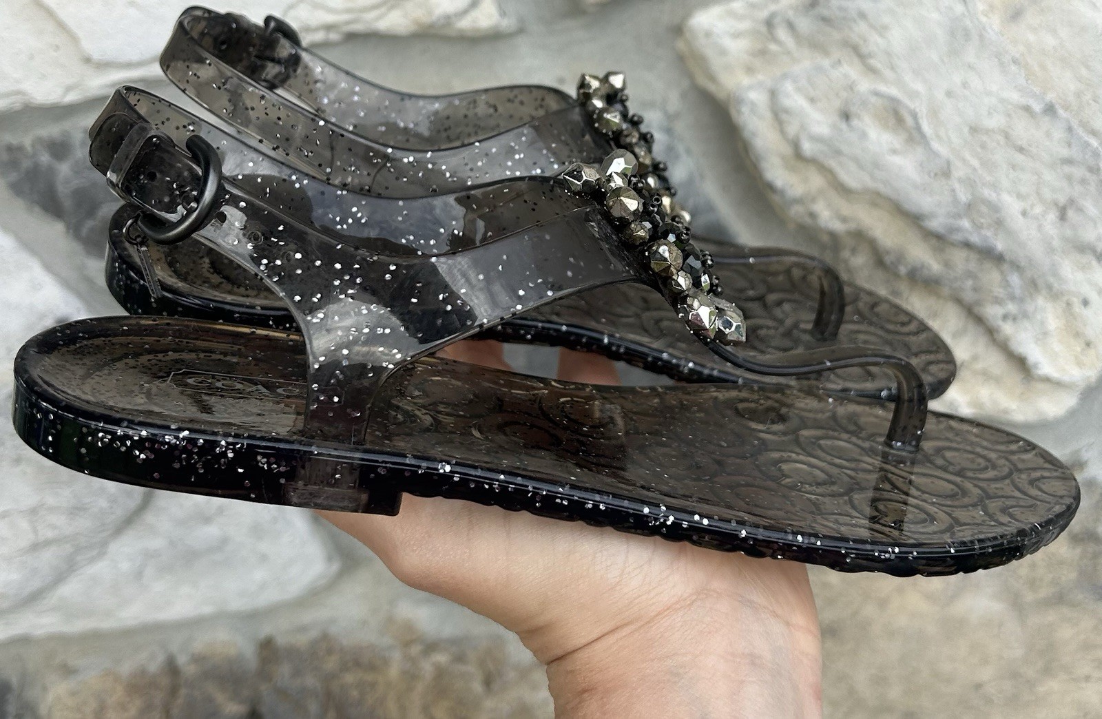 Coach Hilda Jelly Sandals Size 9 Black Embellished Glitter Designer Resortwear