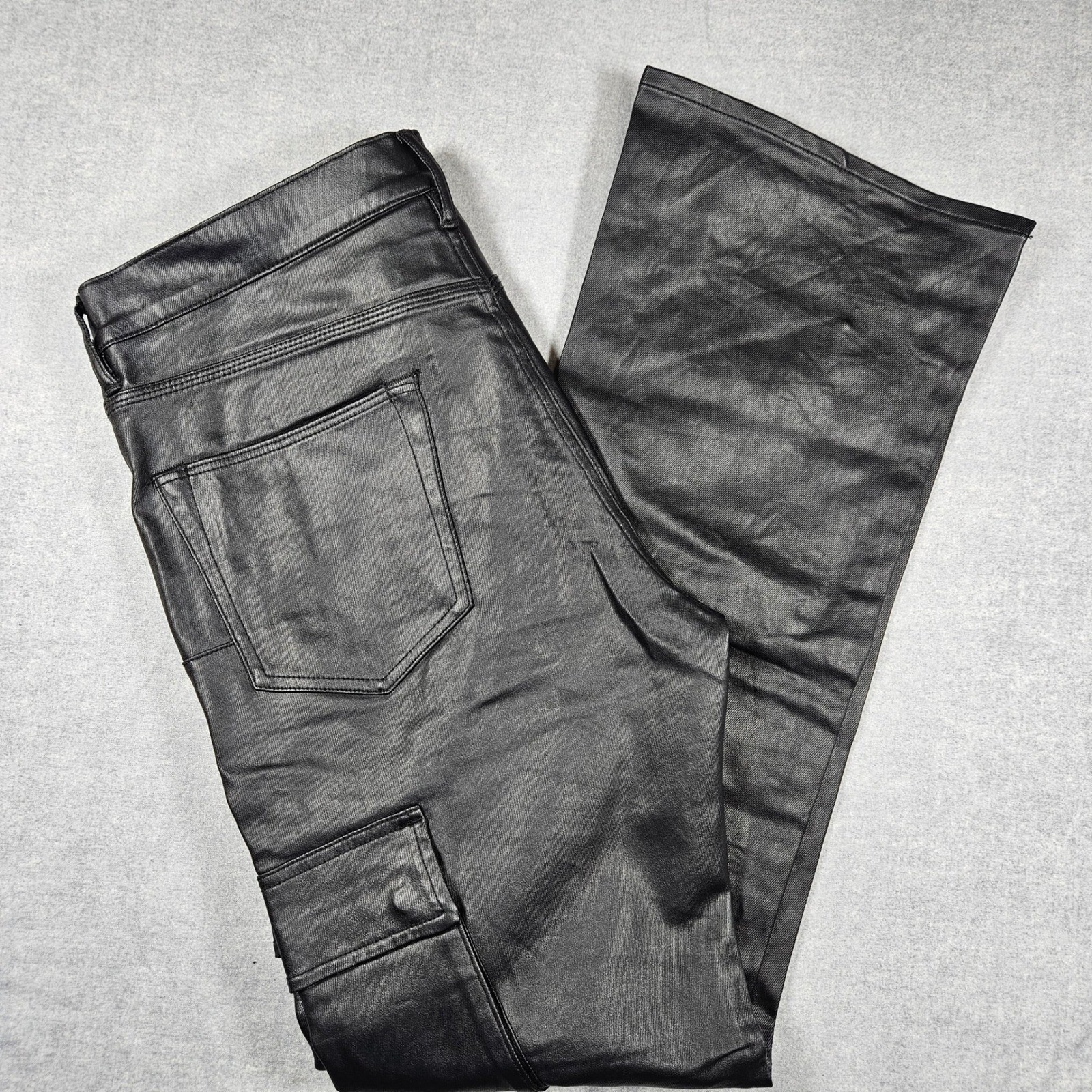 Purple Brand P004 Black Coated Flare Cargo Pants Mens 36 PFBL423 Slim Fit
