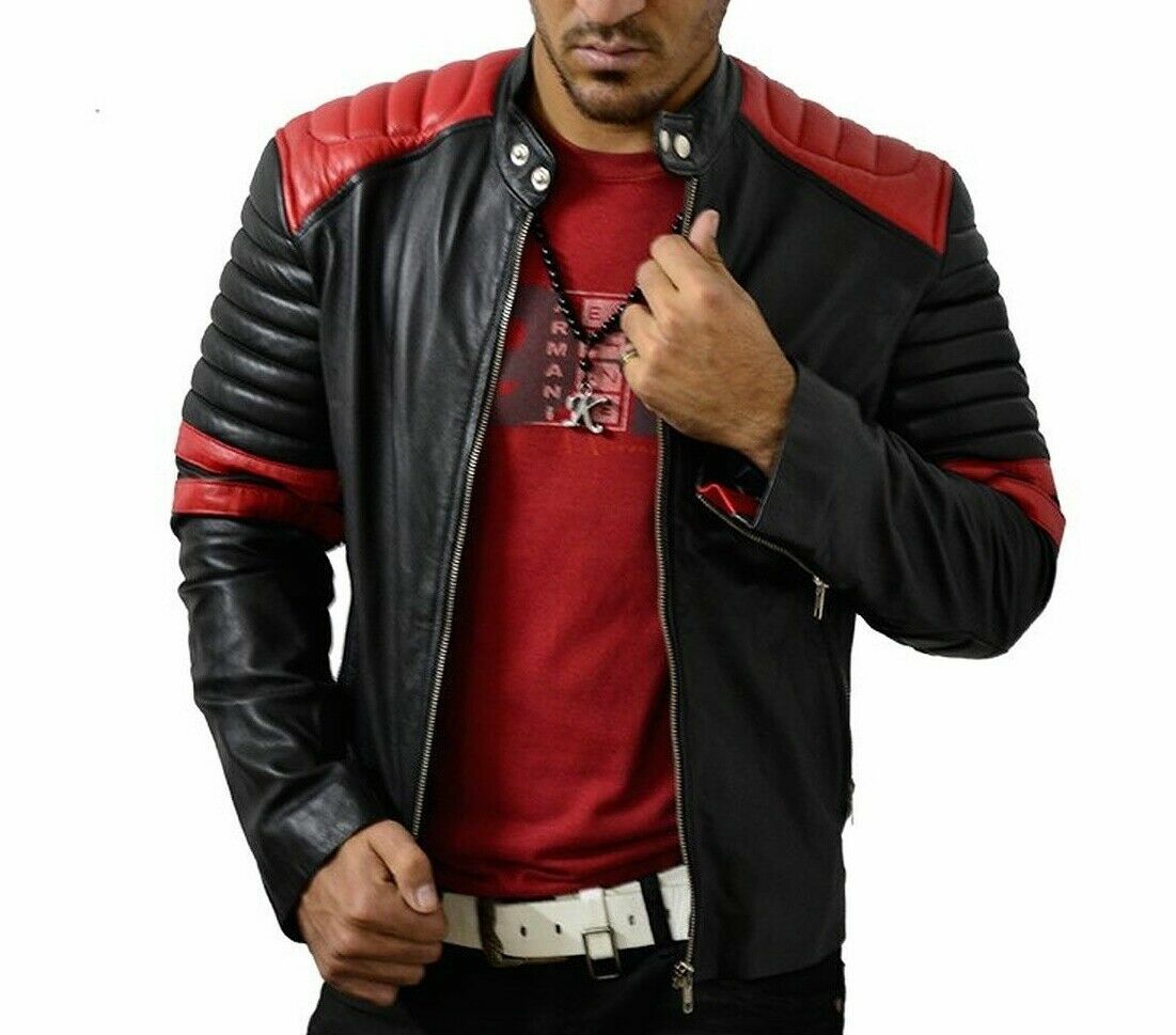 Men’s Red & Black Biker Jacket Real Lambskin Soft Genuine Leather Motor Jacket