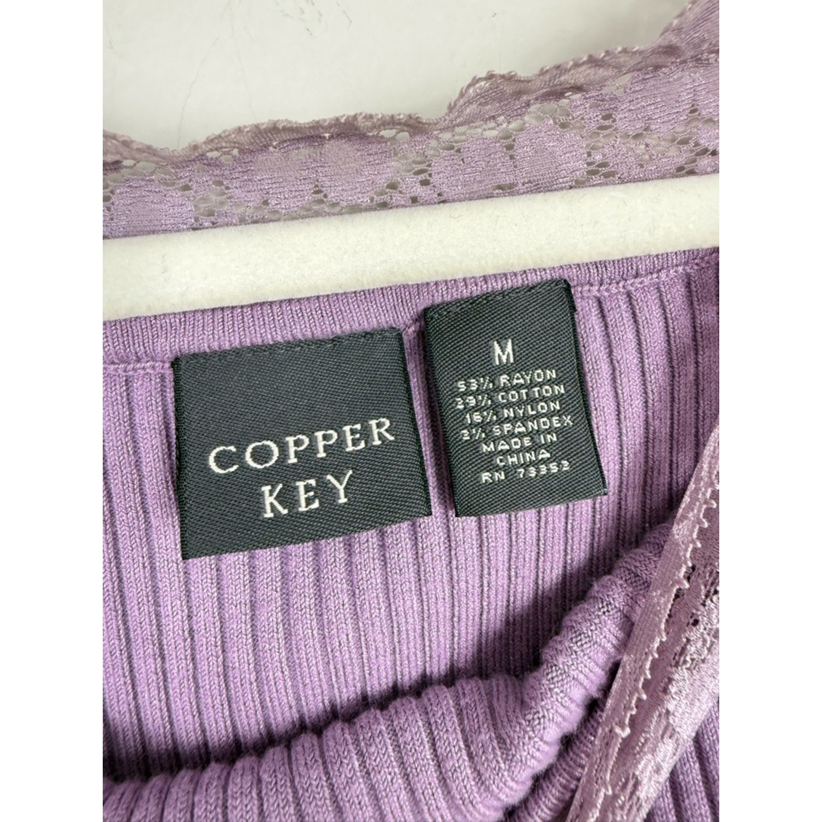 Coppy Key Lace Off the Shoulder Top Medium Y2K Lilac Ribbed Lace-Trim Knit
