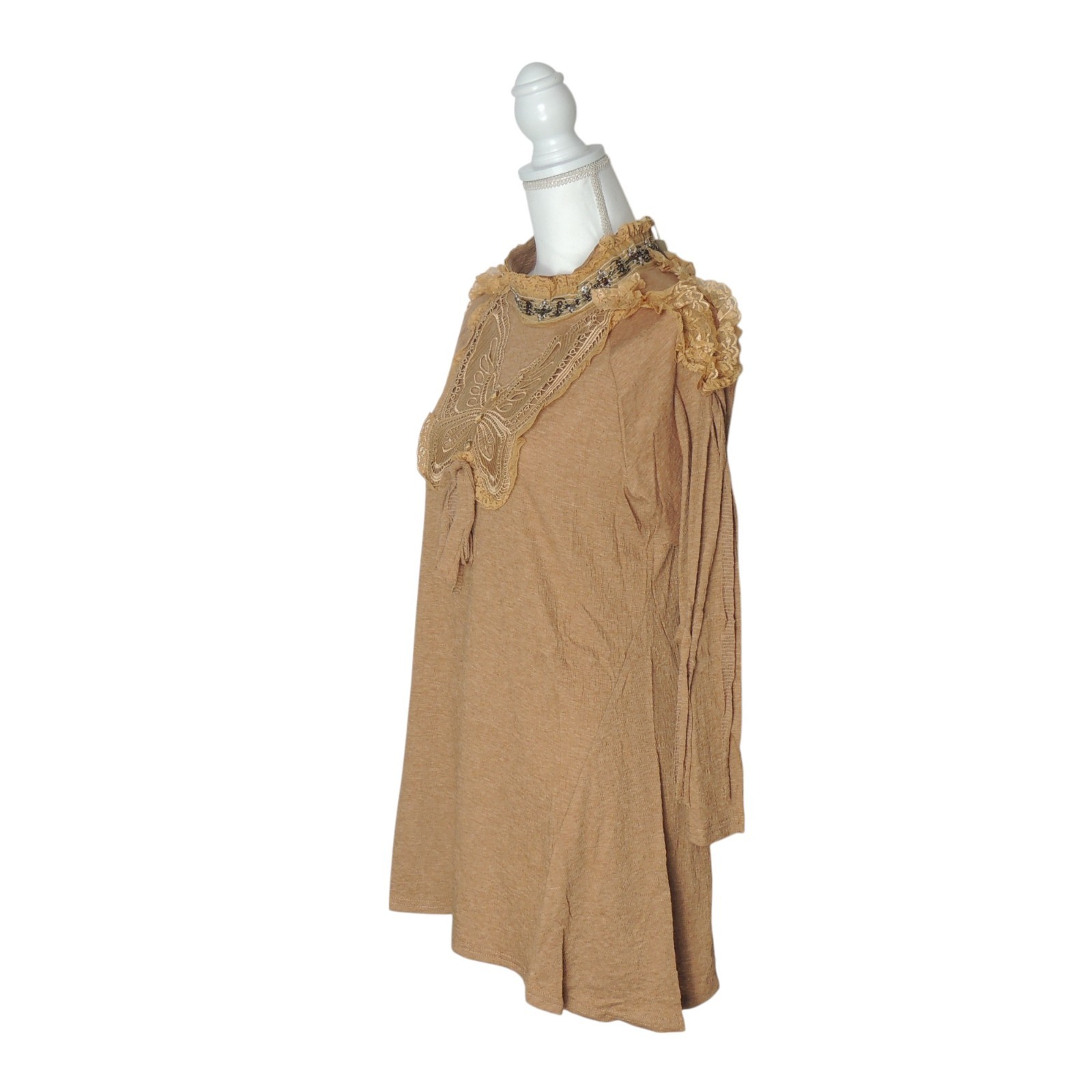 Pretty Angel Top Long Sleeve Butterfly Tunic With Lace Beaded Accents Brown S