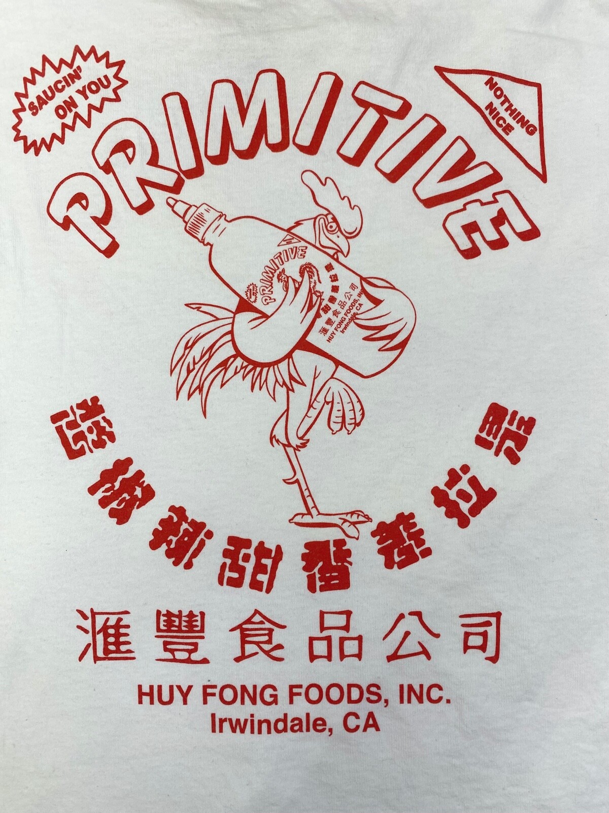 PRIMITIVE Hot Chili Sauce ROOSTER White SHIRT Sz M HUY FONG FOODS INC. #2041