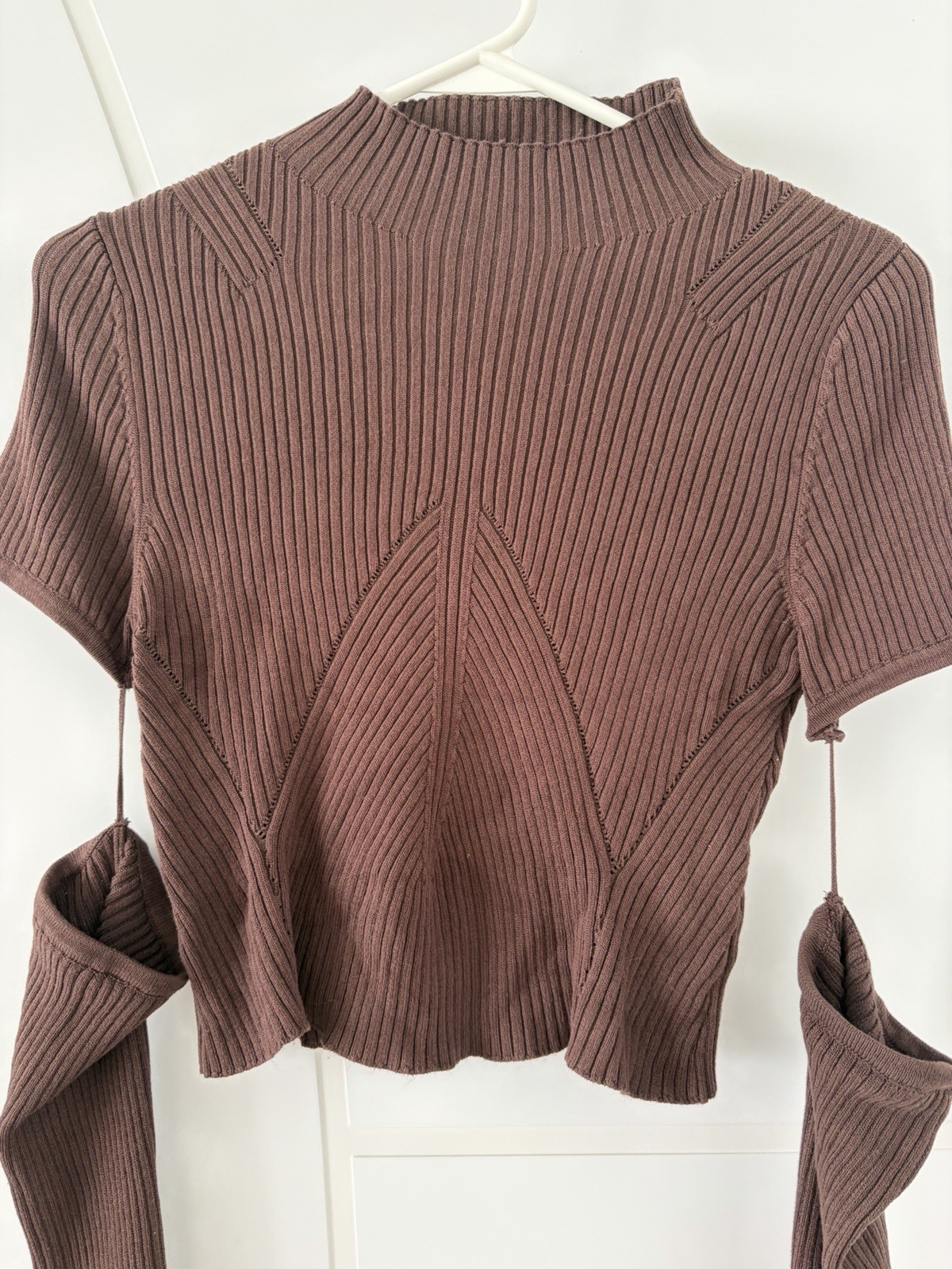 Brown Ribbed Crop Top Sweater With Removable Long Sleeves Cozy