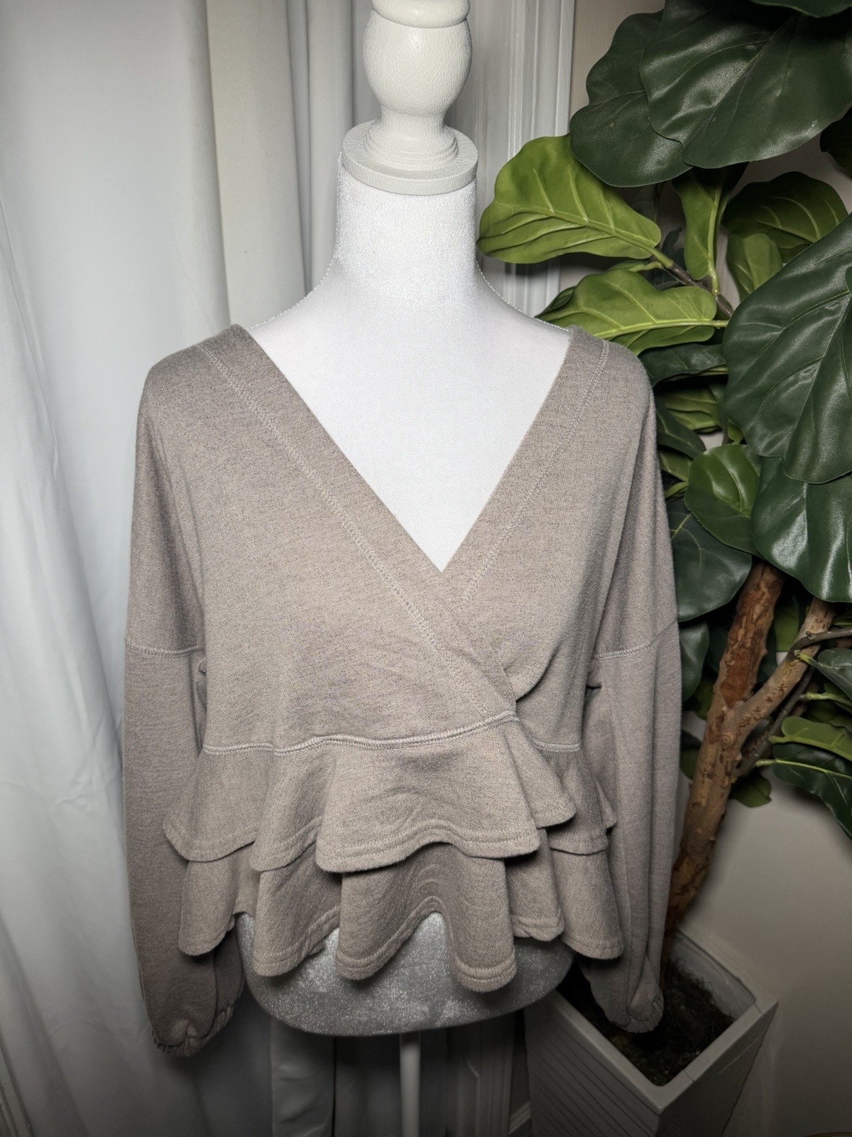 Taupe V Neckline Ruffle Blouse- Oversized Women’s Size: S