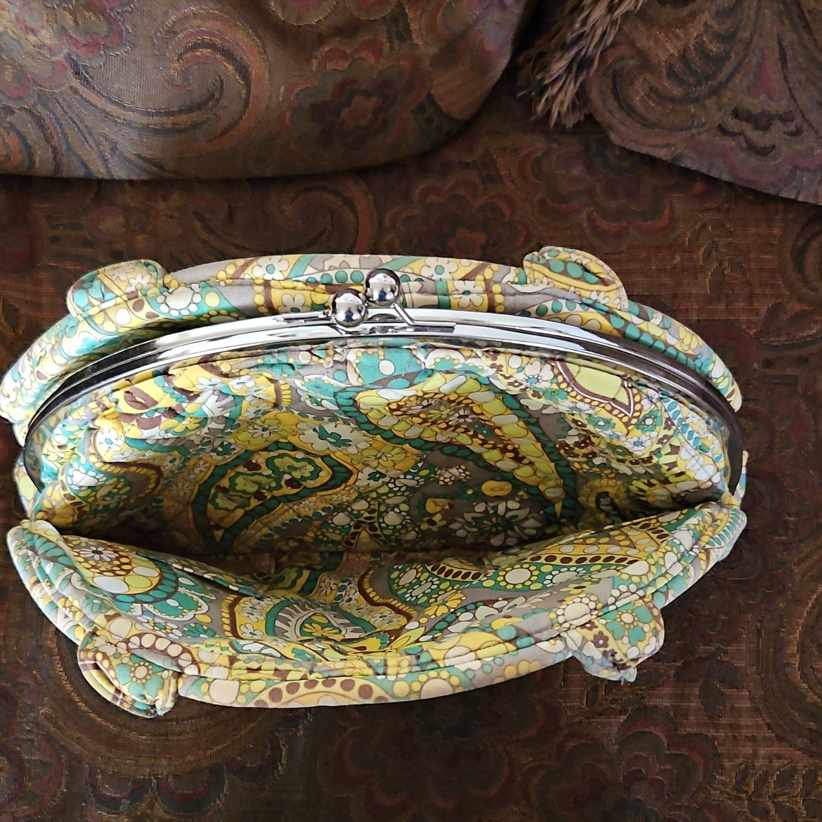 Multicolor Paisley Quilted Top Handle Satchel Bag Kiss Lock Lined Silver