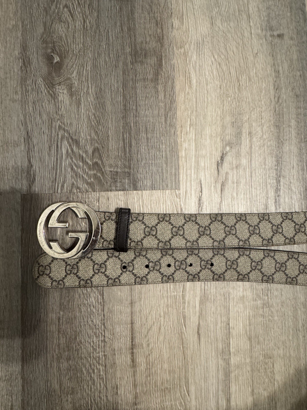 Gucci GG Monogram Beige Brown Men’s Dress Belt Silver Double G Buckle Adjustable