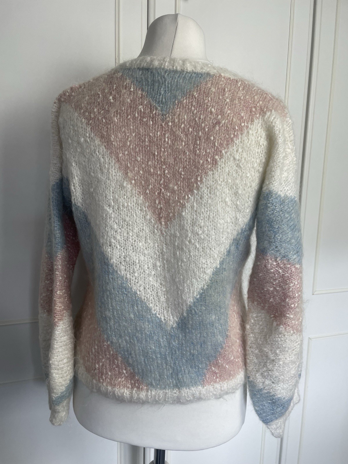 Hand Knitted Women’s Cardigan Size UK 12 Ivory Pink Blue Cottagecore Knit