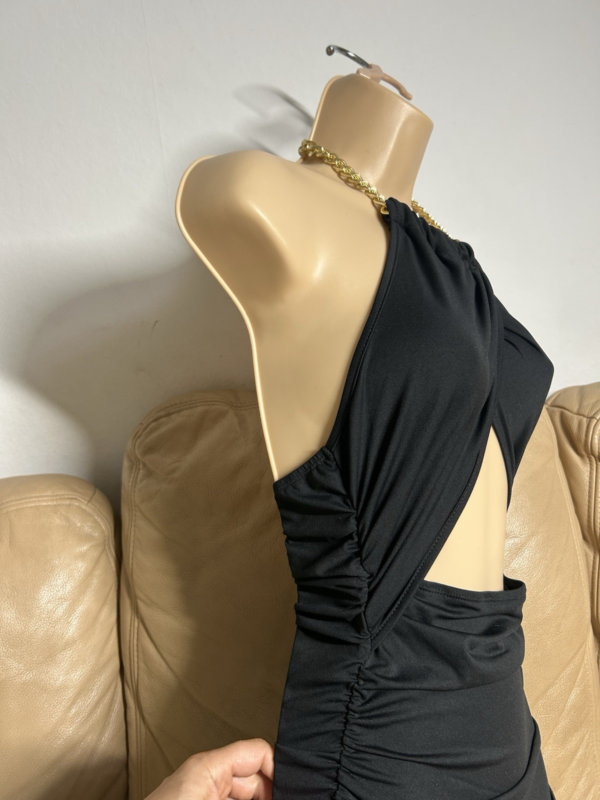 Shein black cut out chain strap ruched side backless halter bodycon dress size M