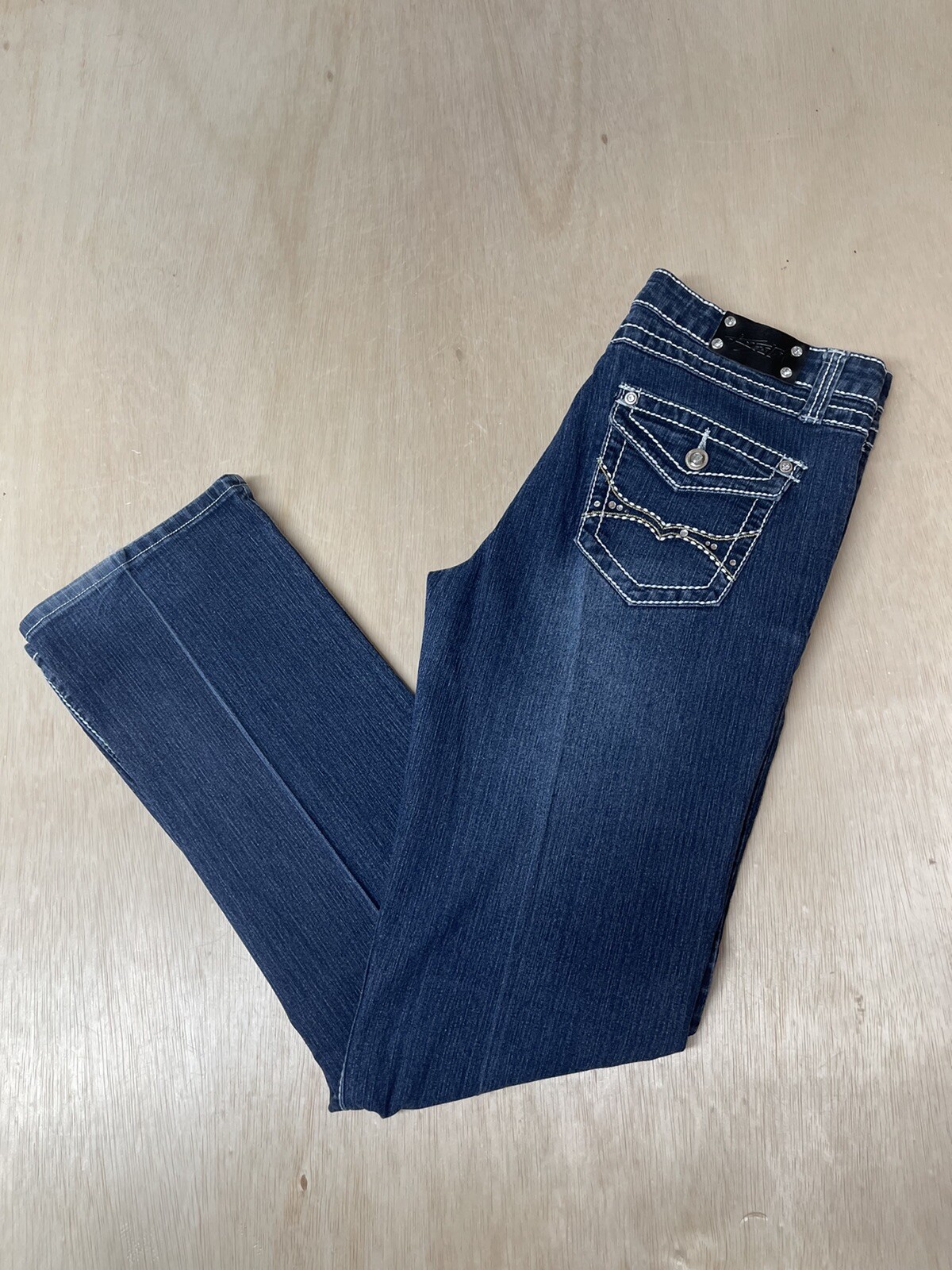 Krystal Jeans Womens Size 11 Approx 33×32 Straight Leg Mid Rise Bling Pockets