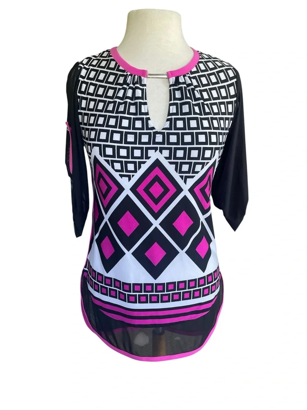 Joseph Ribkoff Black Pink White Geometric Tunic Size 4 Style 161769 Roll Tab Y2k
