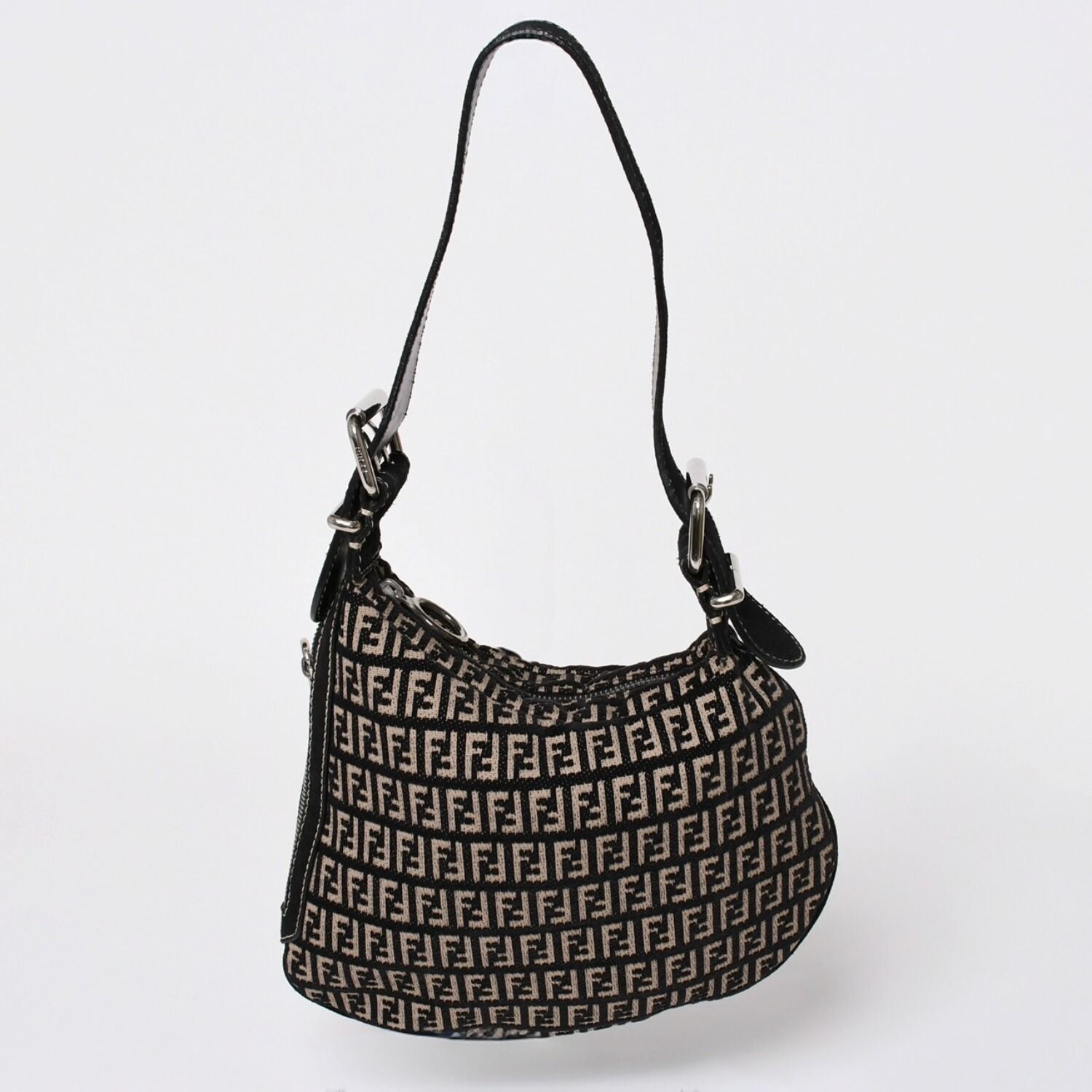 Fendi Zucca Oyster Shoulder Bag Canvas Leather Black Beige Silver Auth