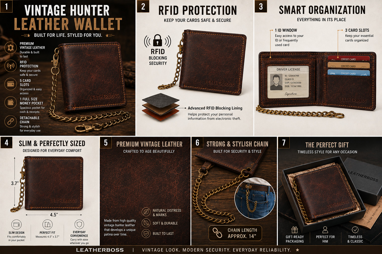 Men’s Genuine Hunter Leather Biker Long Chain Wallet with RFID Blocking Bifold