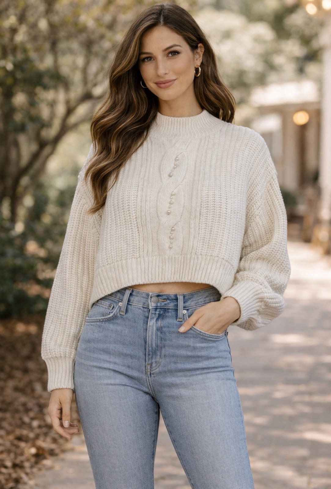 My Michelle Pearl Accent Cream Cable Knit Cropped Oversized Sweater XL
