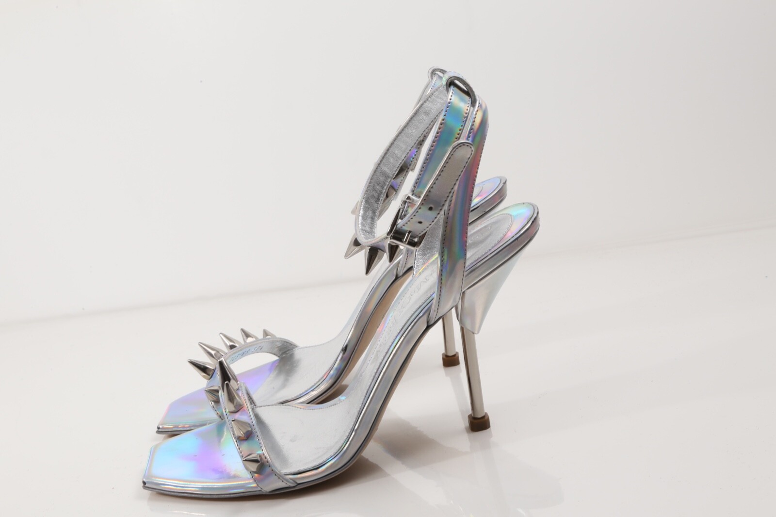 Alexander McQueen Metallic Silver Patent Leather Strappy Heel Sandals Size 37.5