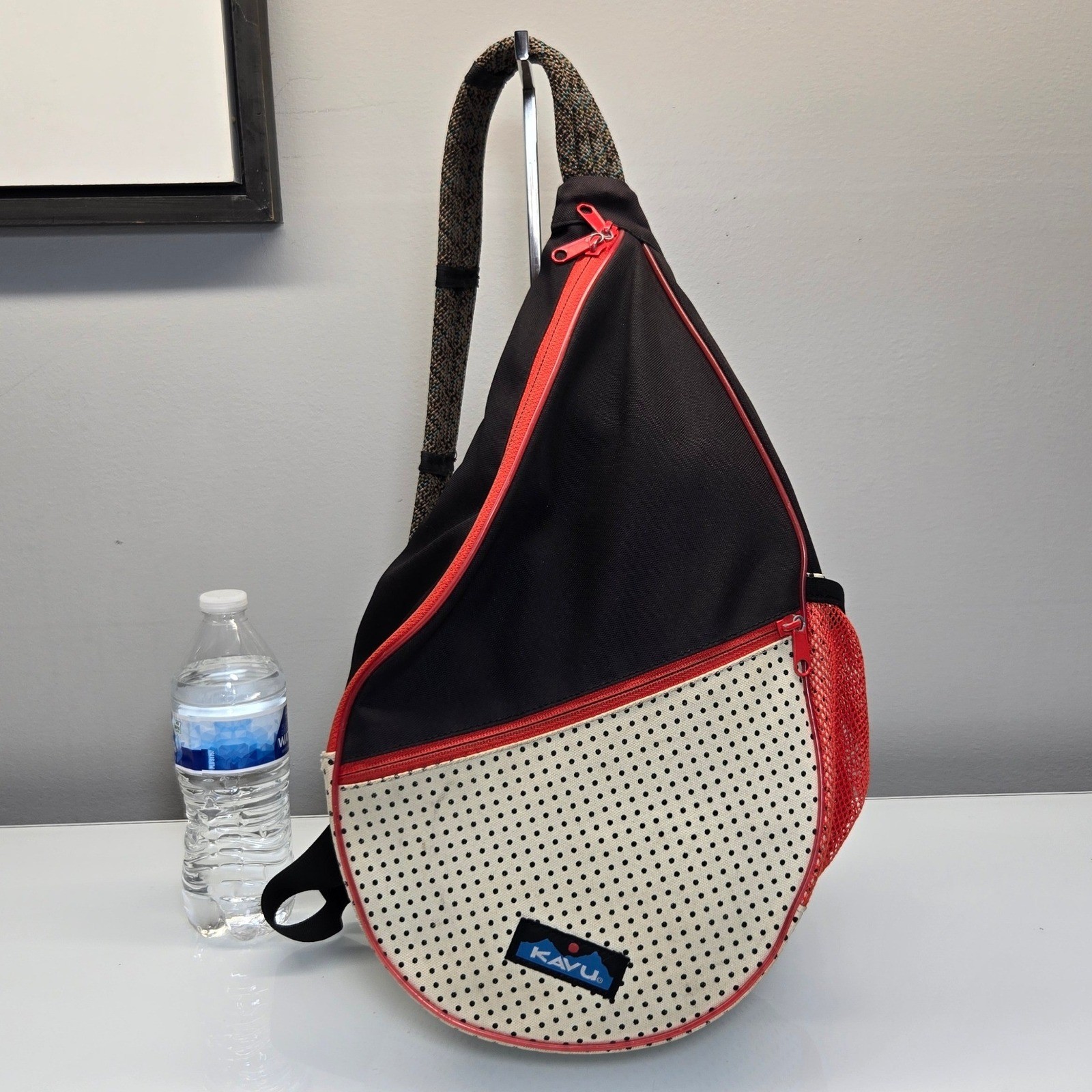 KAVU Paxton Pack Rope Sling Backpack Red Cream Black Polka Dot Canvas Crossbody
