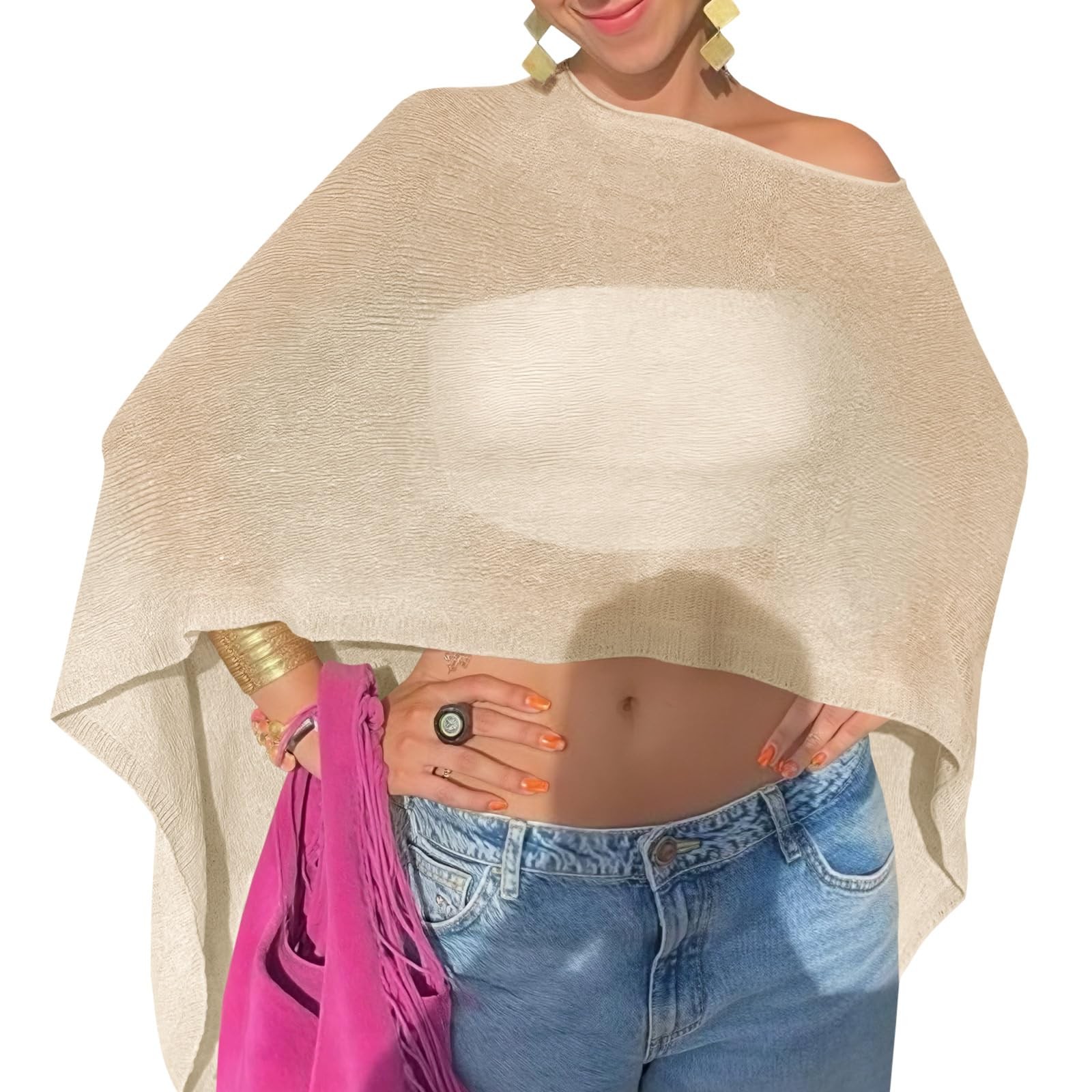 Fisoew Womens Sheer Poncho Top Lightweight Knit Bolero Shrug Mesh Off The Sho…