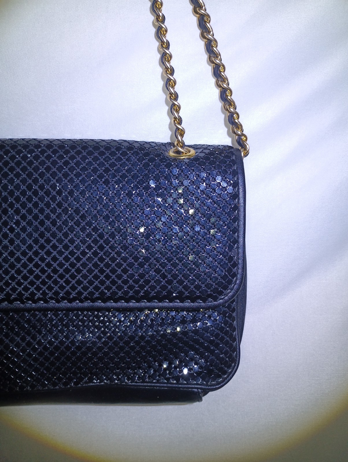 Whiting & Davis Black Metallic Mesh Small Shoulder Bag, Gold Chain Strap Mirror