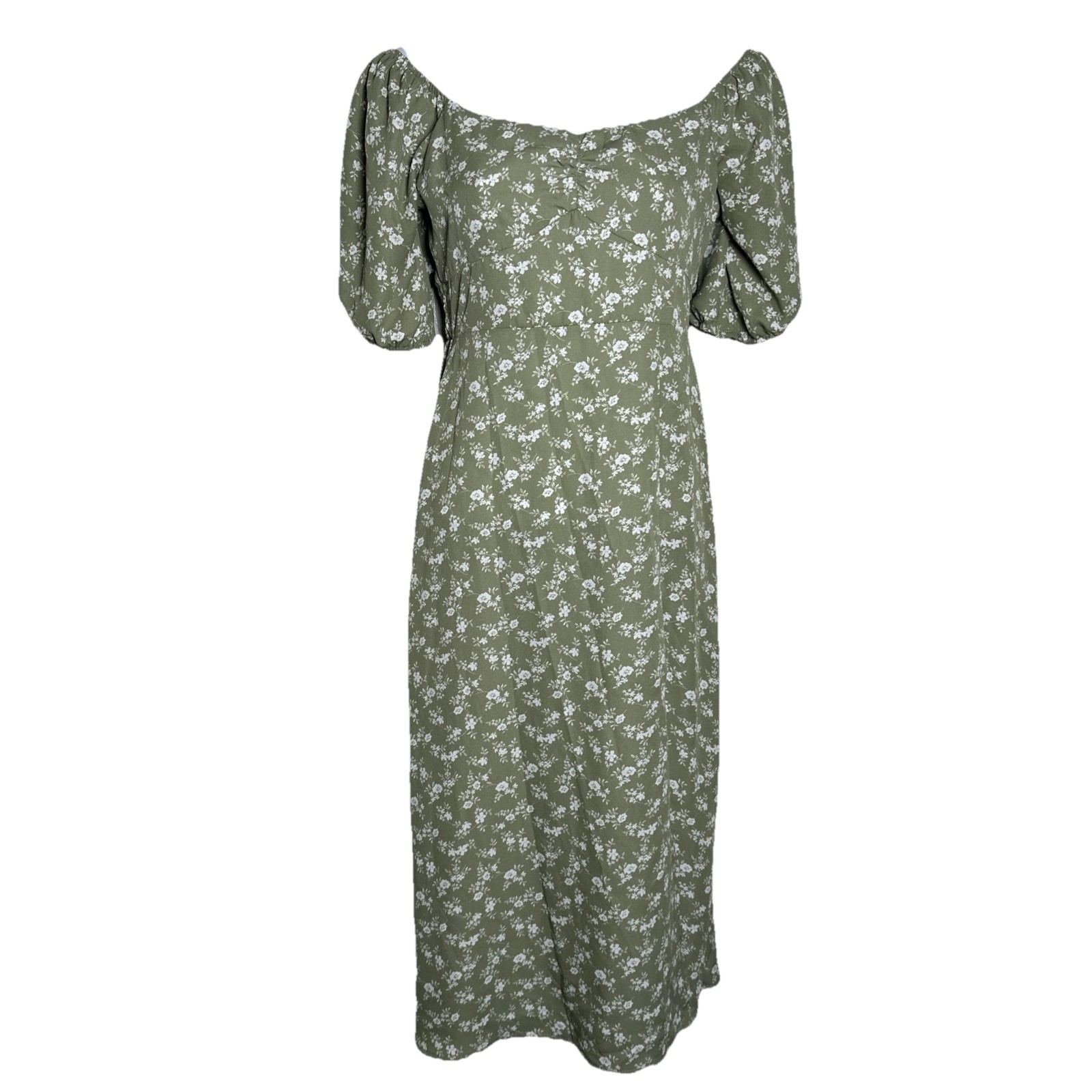 Hesperus Woman’s Small Ditsy Floral Green Midi Dress Cottagecore Puff Sleeve