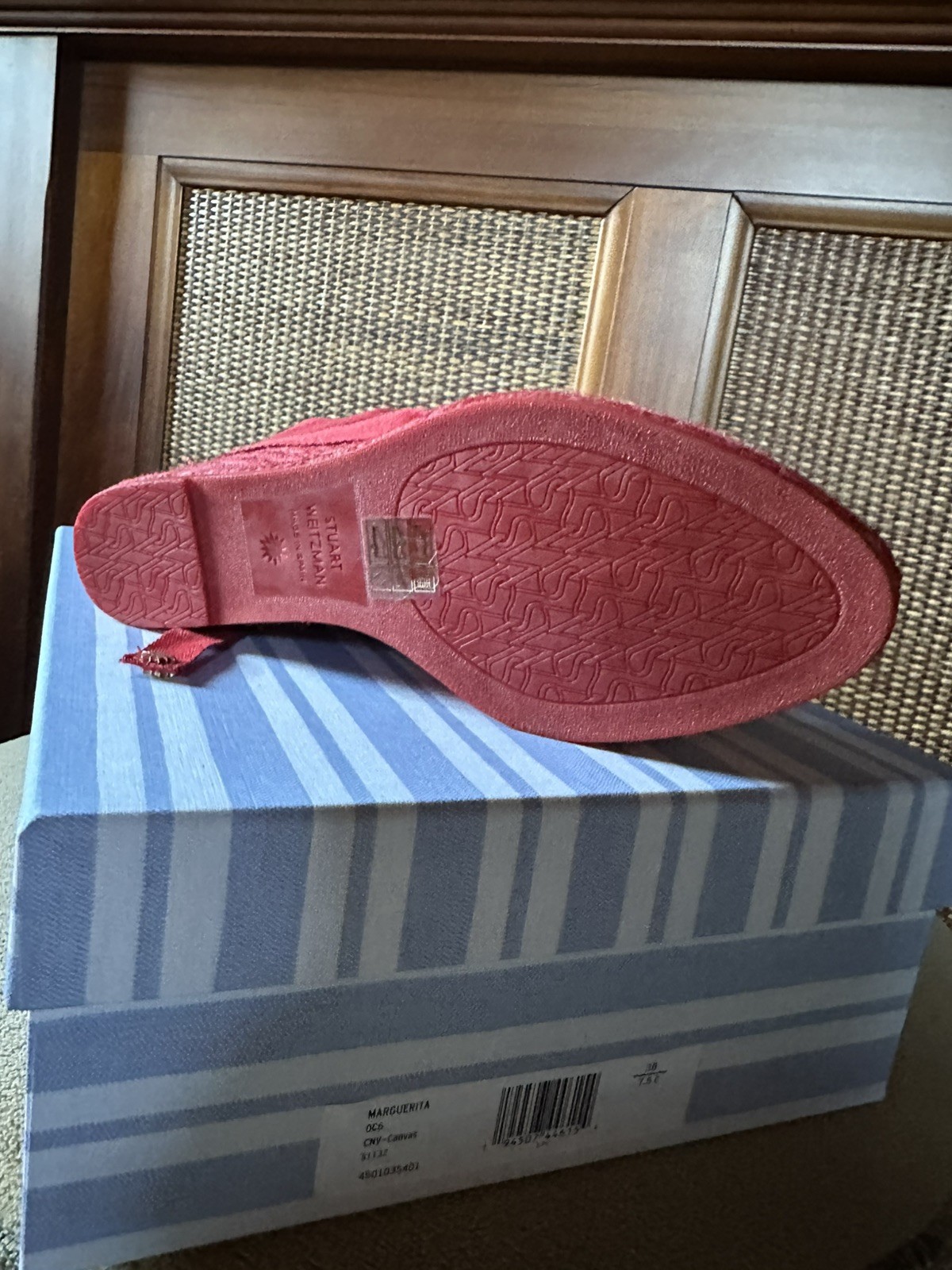 Size 8 New Stuart Weitzman Red Canvas Wedge Espadrille Ankle Wrap Tie Heel