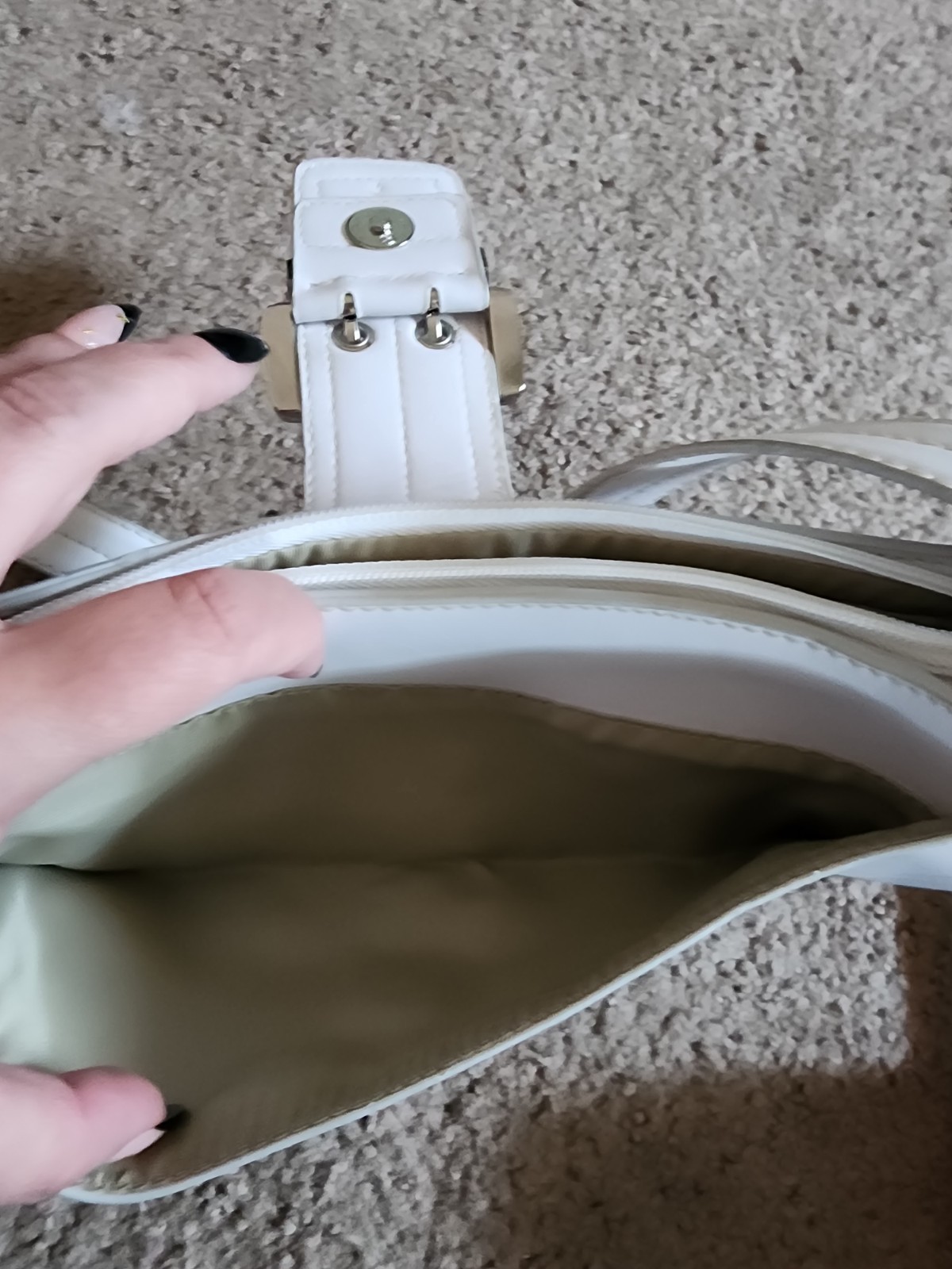 Nine West White Shoulder Bag Zip & Buckle, Silver Hardware, Adjustable Strap