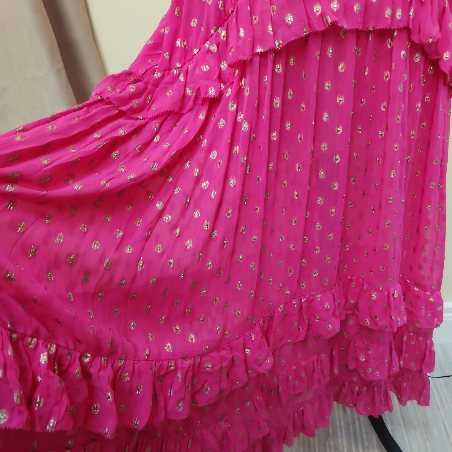 Rixo Pink Gold Dot Midi Dress XXL Size 18 Shireen Layers Sheer V-back Wedding