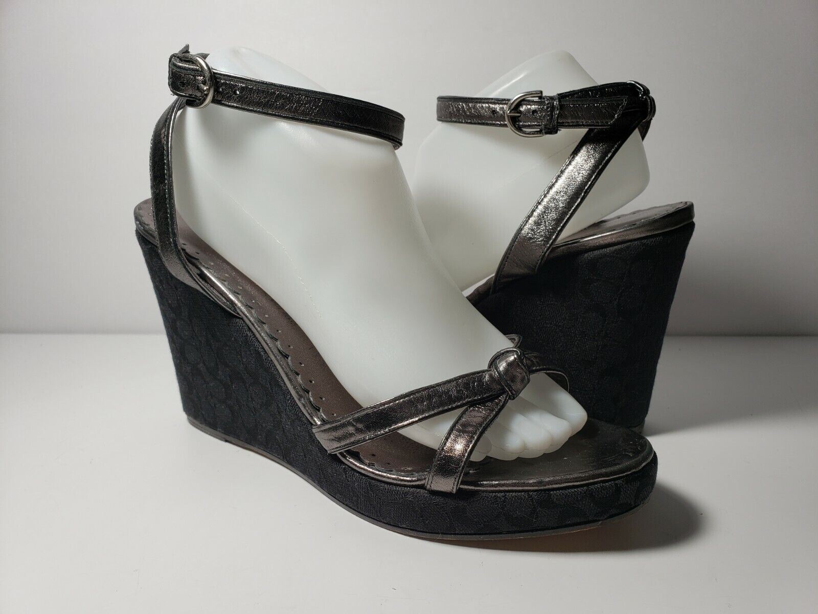 Coach Women’s Pewter/Black CC Monogram Ankle Strap Platform Wedge – Size 10B