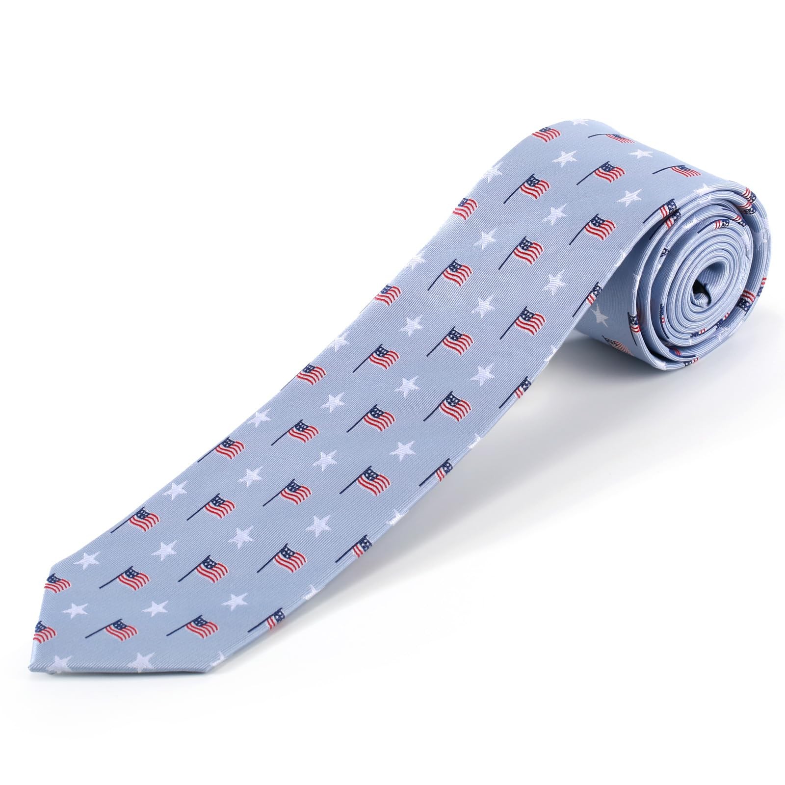 Men’s American Flag Tie Set 3.27″ (8.3CM) USA Flag Neckties and Pocket Sky Blue