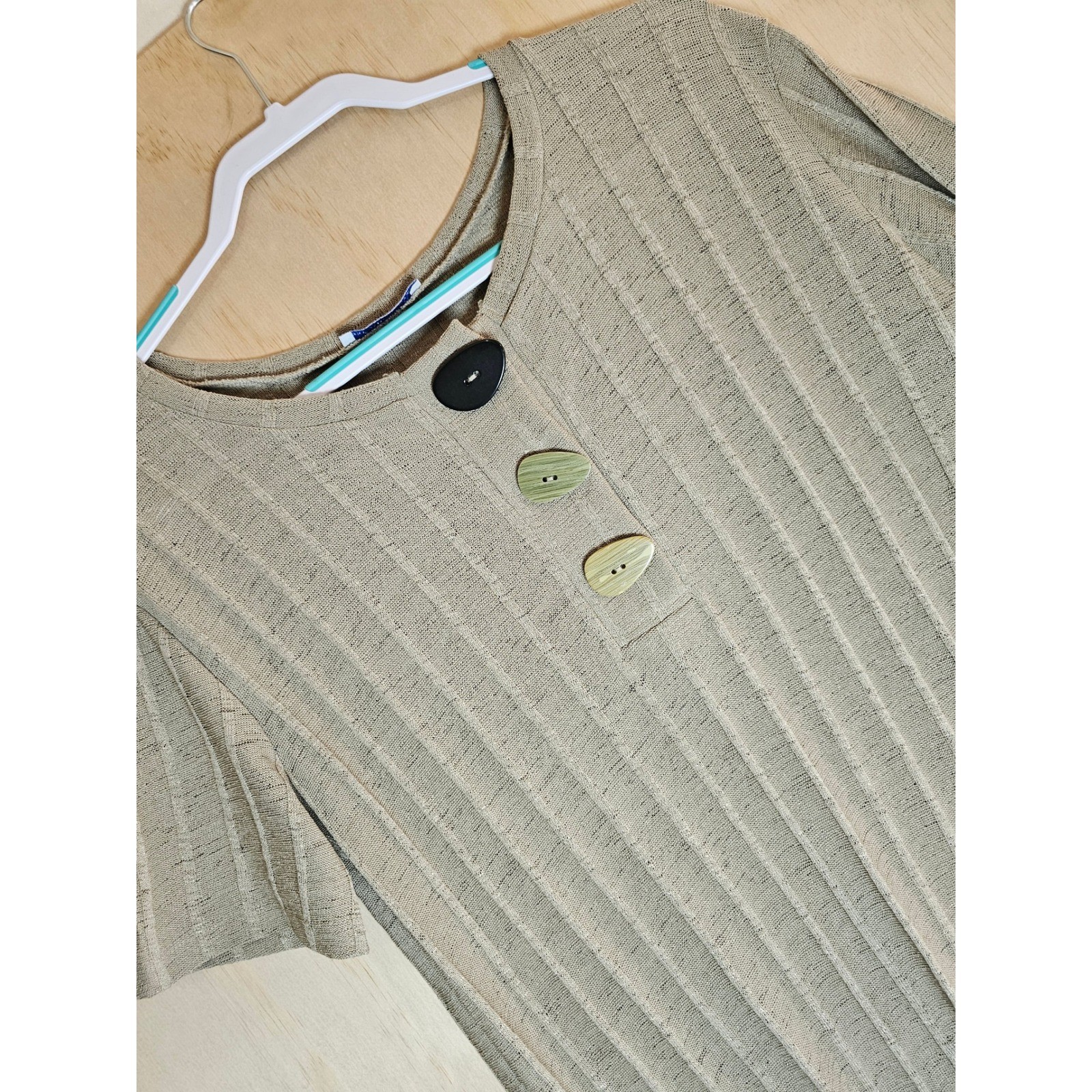 Zara Woman Ribbed Knit Short Sleeve Henley Top Beige Taupe Size Medium