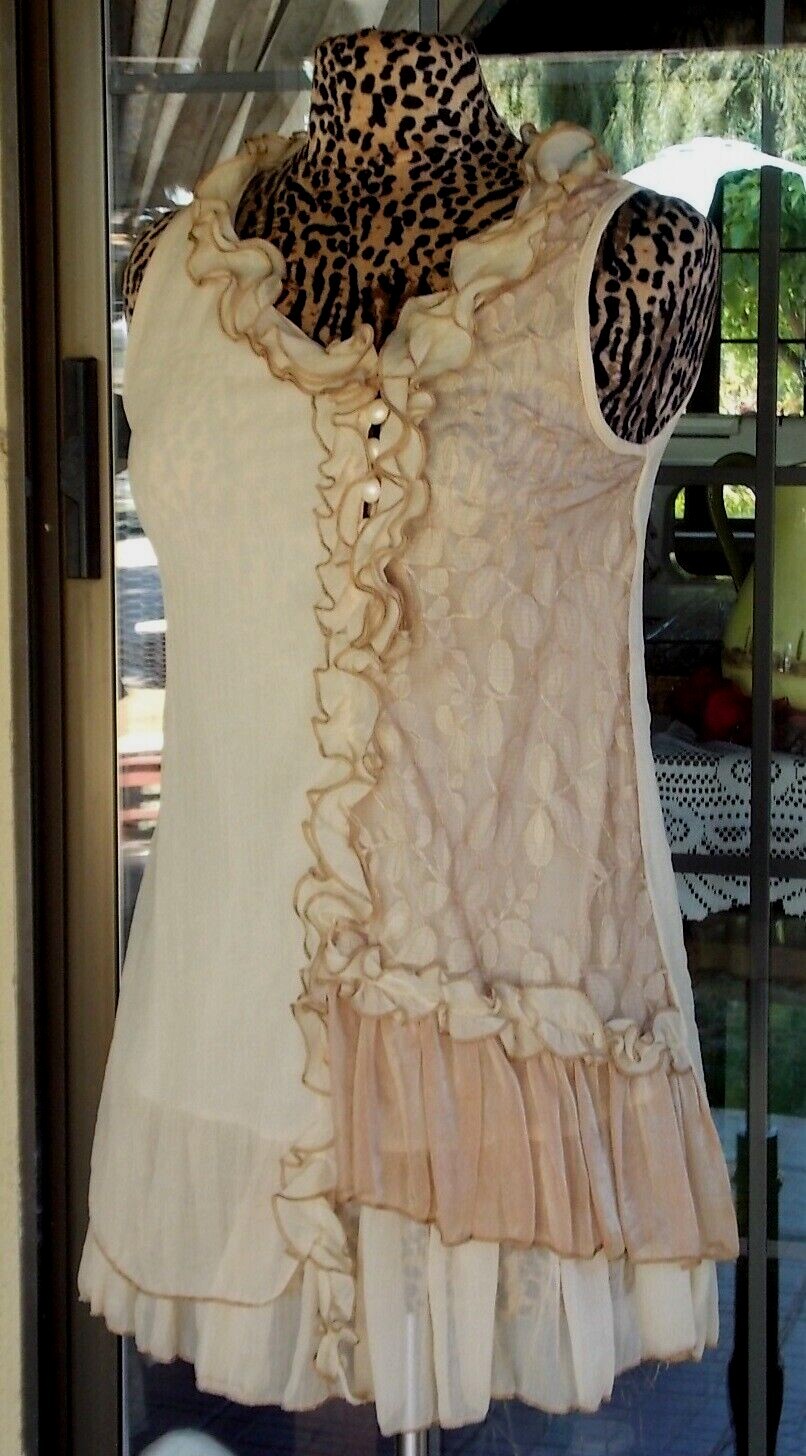 New Sleeveless Lined Lacy Ruffle Trim Silkblend Pretty Angel Tunic Shirt Sz. S