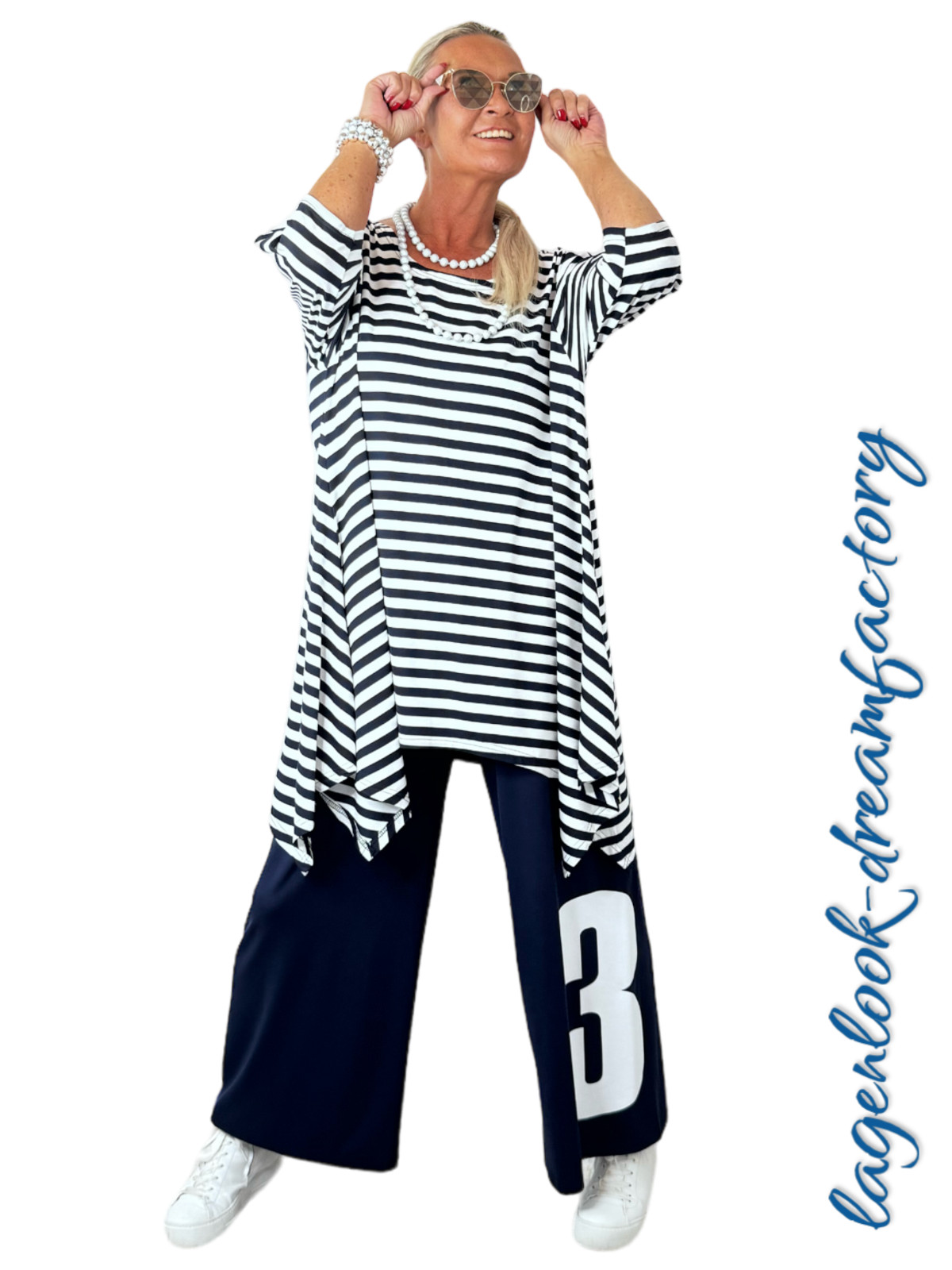 Layered Look A-Line Long Tip Tunic Navy White 5 Sizes 42 44 46 48 50 52 54