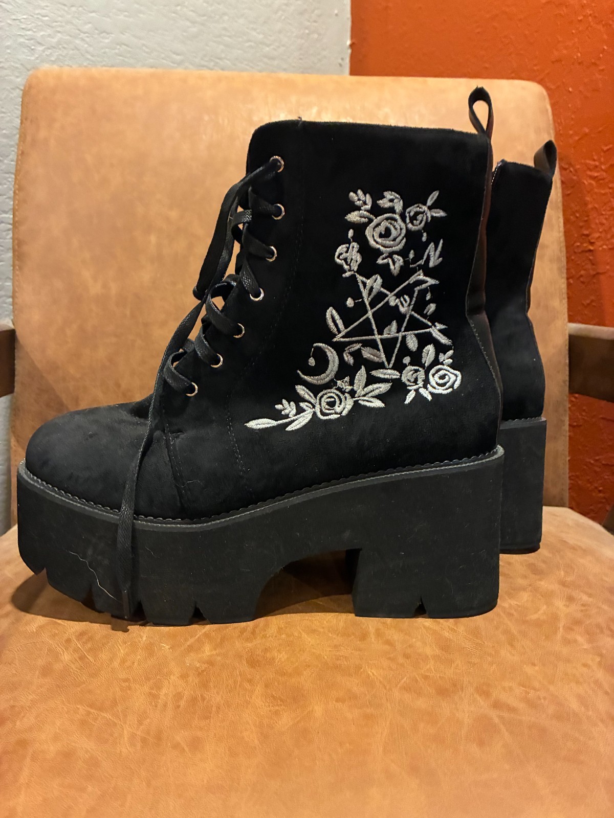 Gothic Suede Platform Ankle Boots White Embroidered Lace Up Chunky Heel Dark