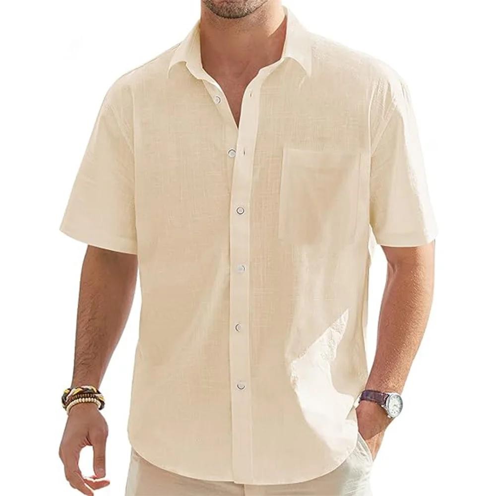 Men’s Solid Color Cotton Linen Short Sleeve Shirts Vacation Beach Summer Tops Wi