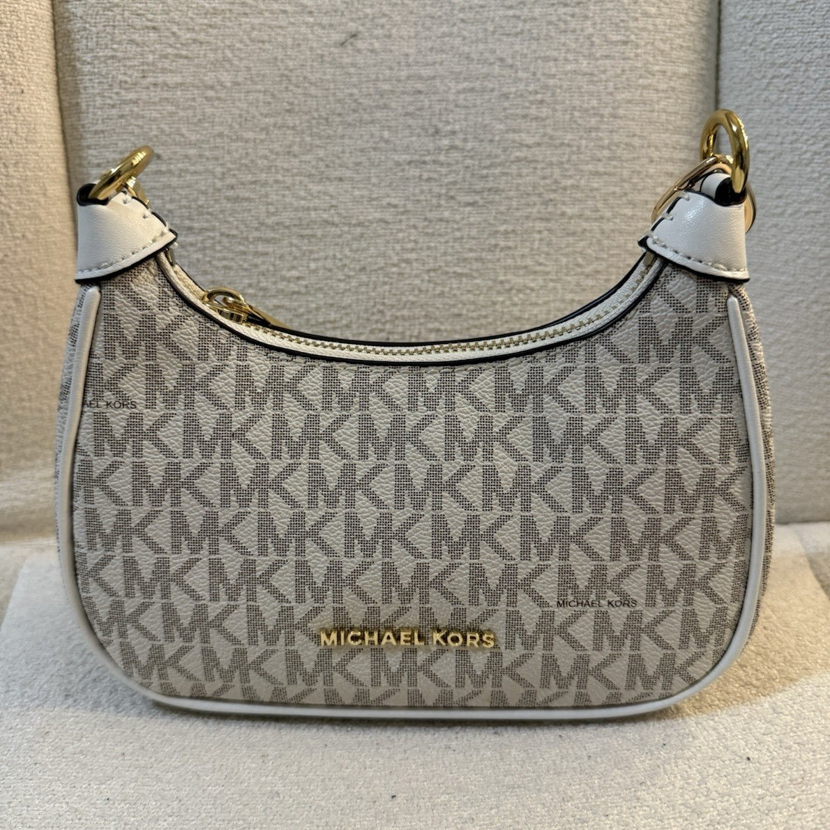 Michael Kors Logo Pattern Beige/White Shoulder Bag Zip Closure, Gold Hardware