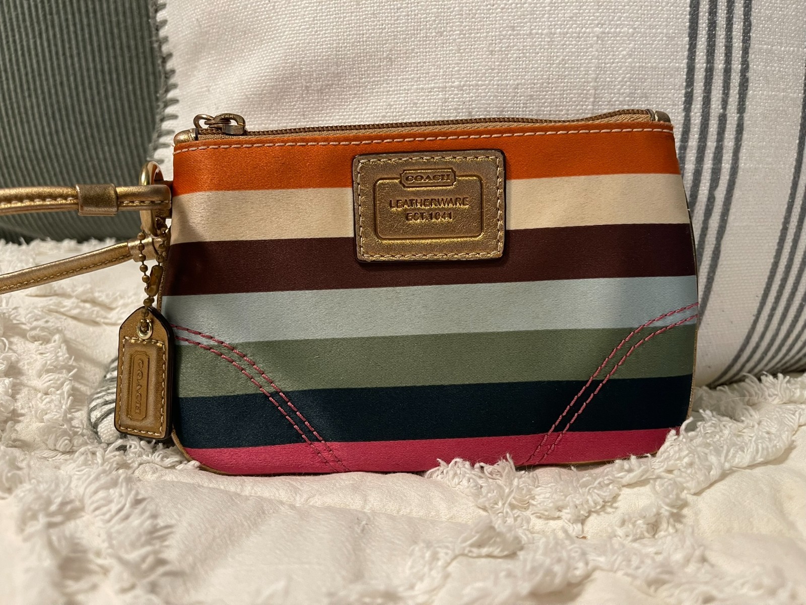 Coach Legacy Stripe Satin Wristlet Multicolor Gold Trim Pink Lining Y2K