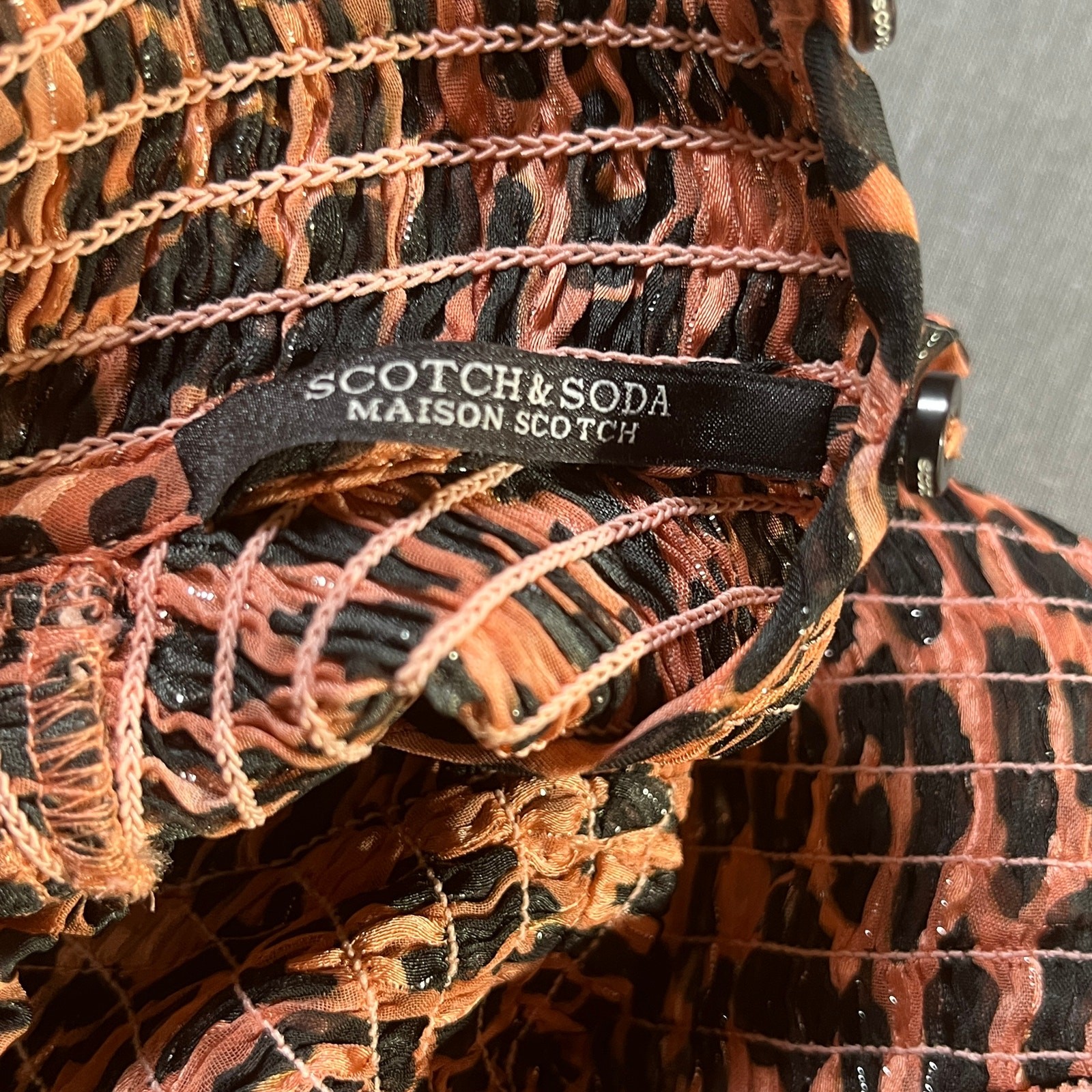 Scotch & Soda Blouse Womens XS Brown Black Leopard Long Sleeve Smocked Casual