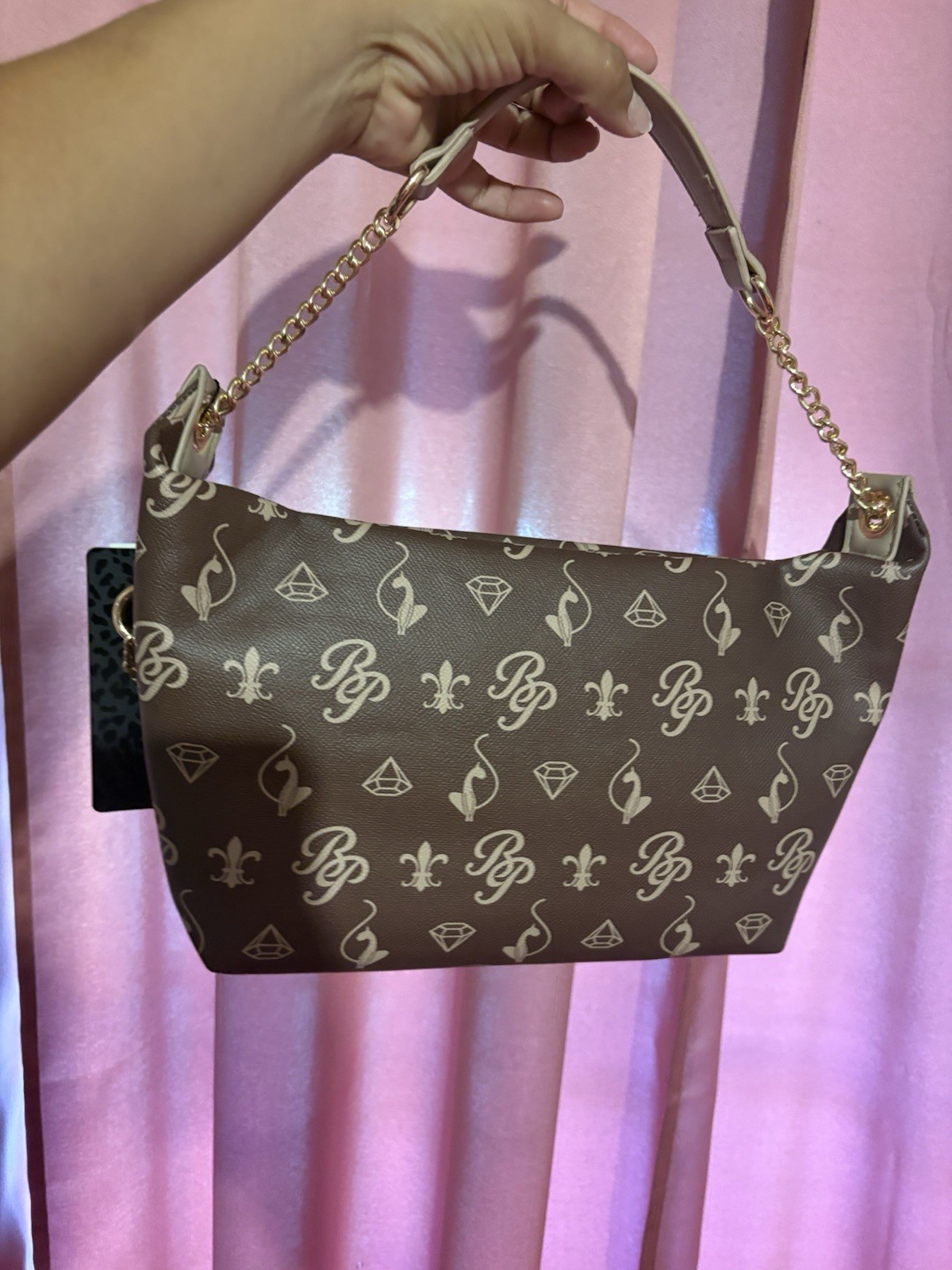 Baby Phat Brown Logo Print Small Shoulder Bag w/ Chain Strap, Zip Closure