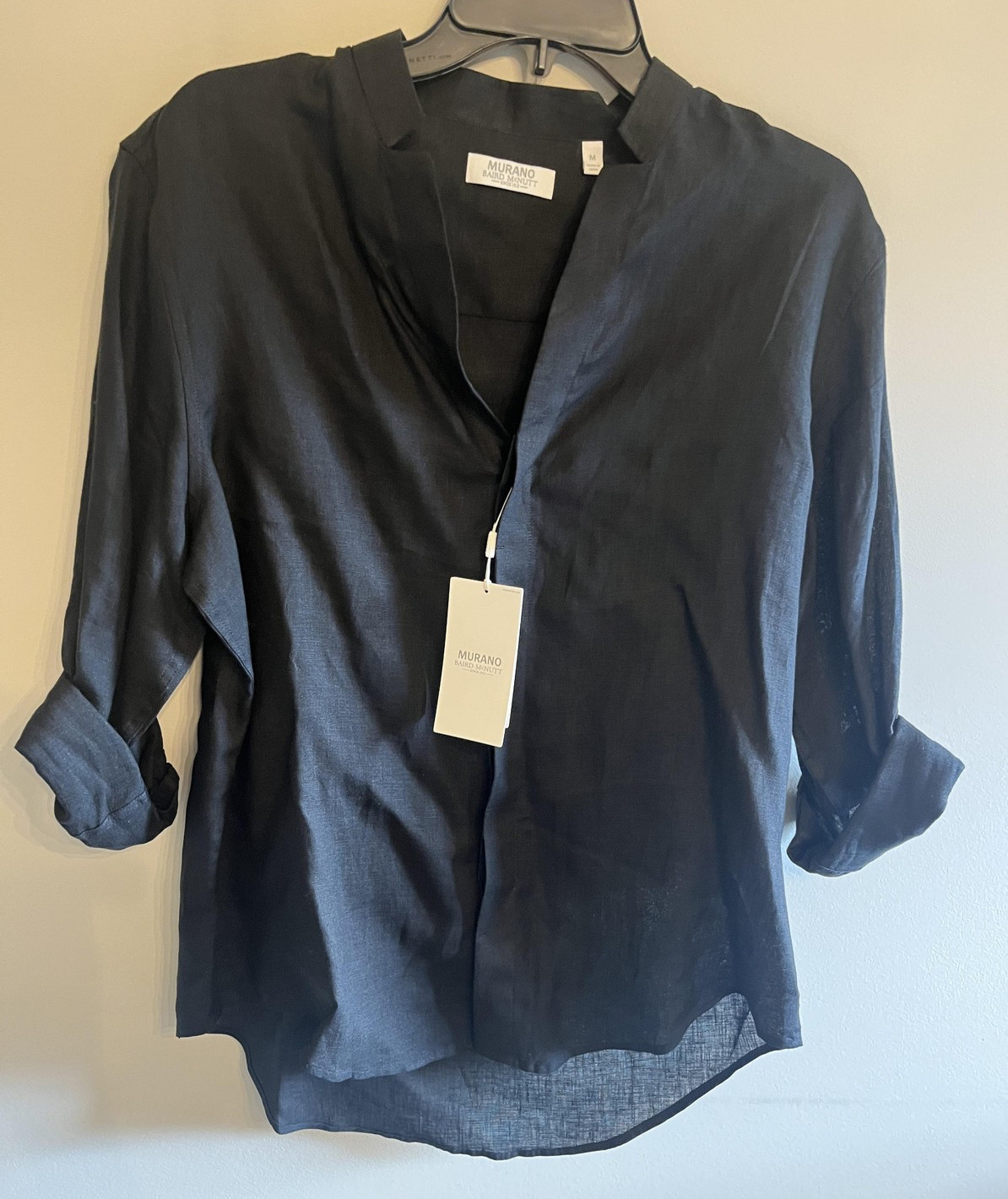 Murano Baird McNutt Shirt Mens Medium Black Linen Band Collar Long Sleeve Casual