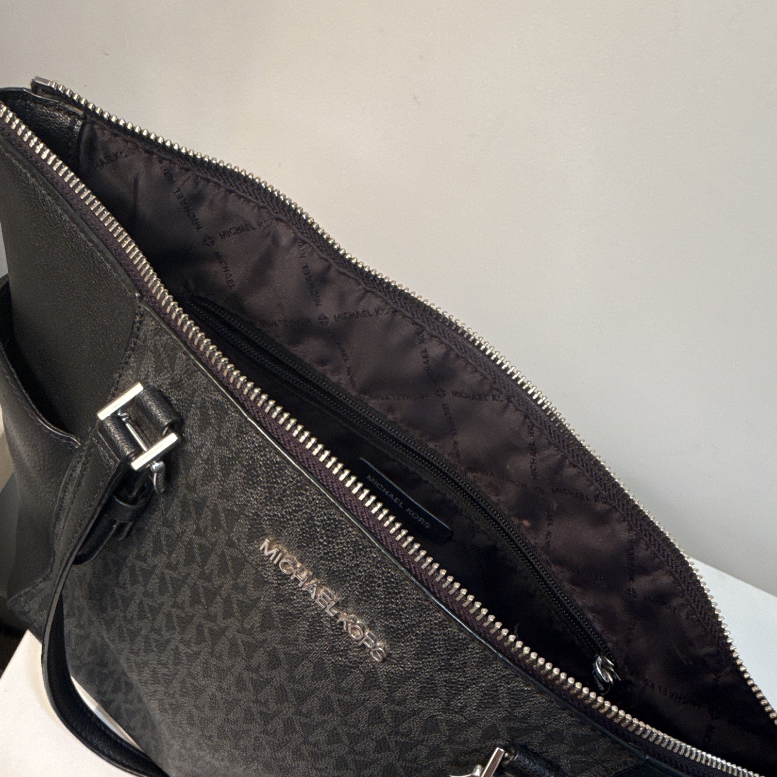 Michael Kors Black Logo Tote Zip Closure Silver Hardware MK Charm Pockets