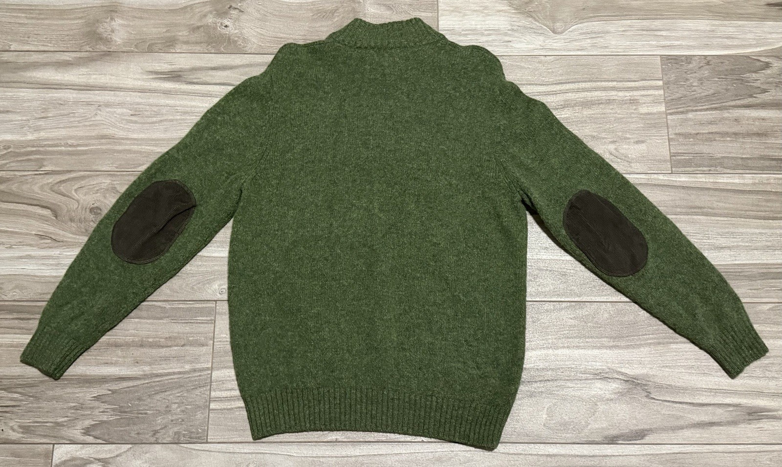 Size M – LL Bean Shetland Wool 1/4 Zip Ragg Sweater Elbow Patches Green #285327