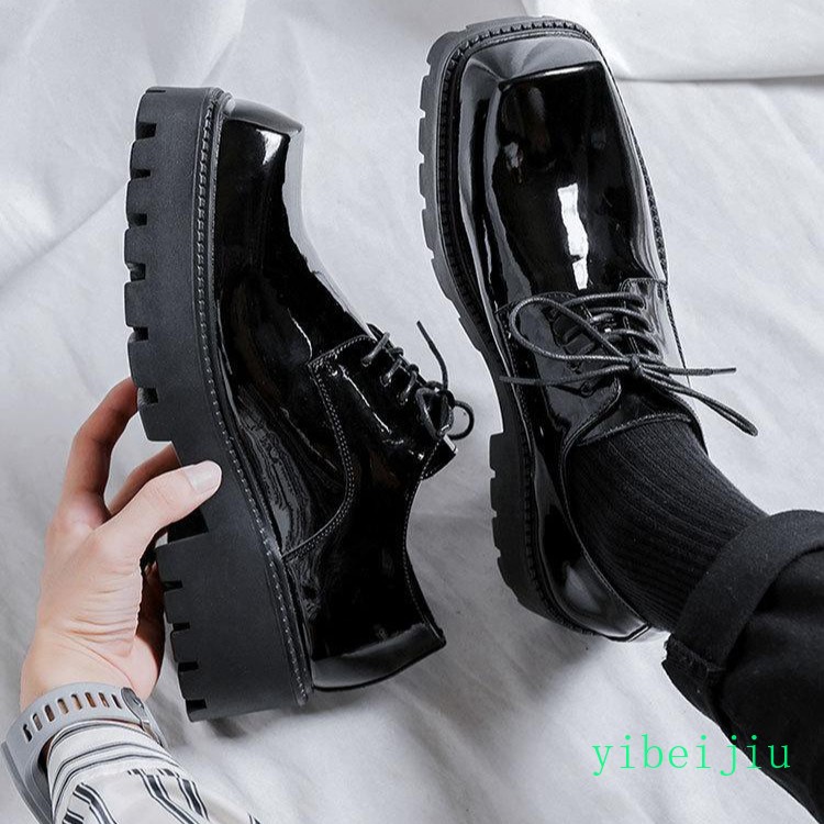 Men’s Shiny Leather Square Toe Platform Dress Business Wedding Shoes Thick Sole