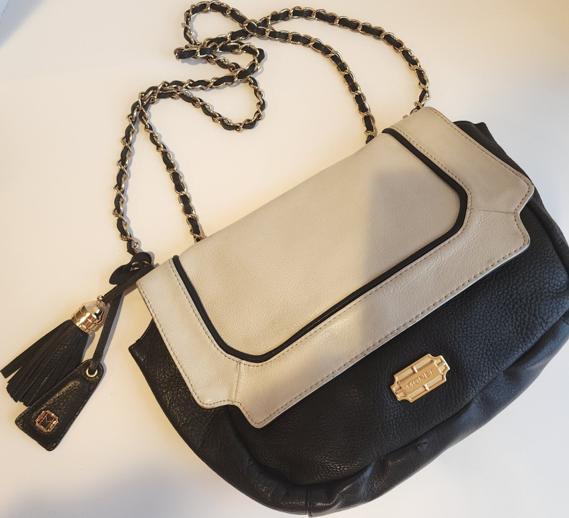 Monet Black Beige Shoulder Bag with Chain Strap Tassel Logo Zipper Accent
