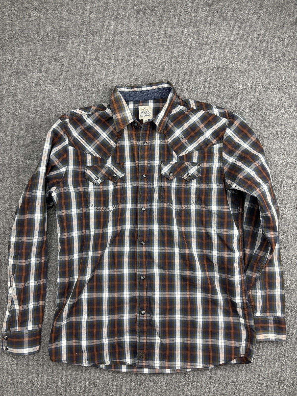 Moon Shine Spirits Shirt Mens Medium Blue Plaid Western Pearl Snap Long Sleeve