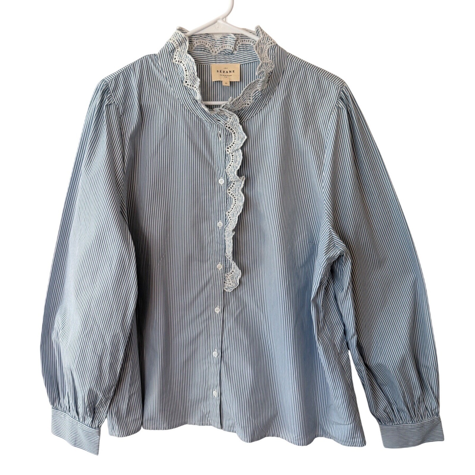 SÉZANE Blue Striped Chlo Blouse Lace Trim Romantic Cottagecore Shirt US Size 16