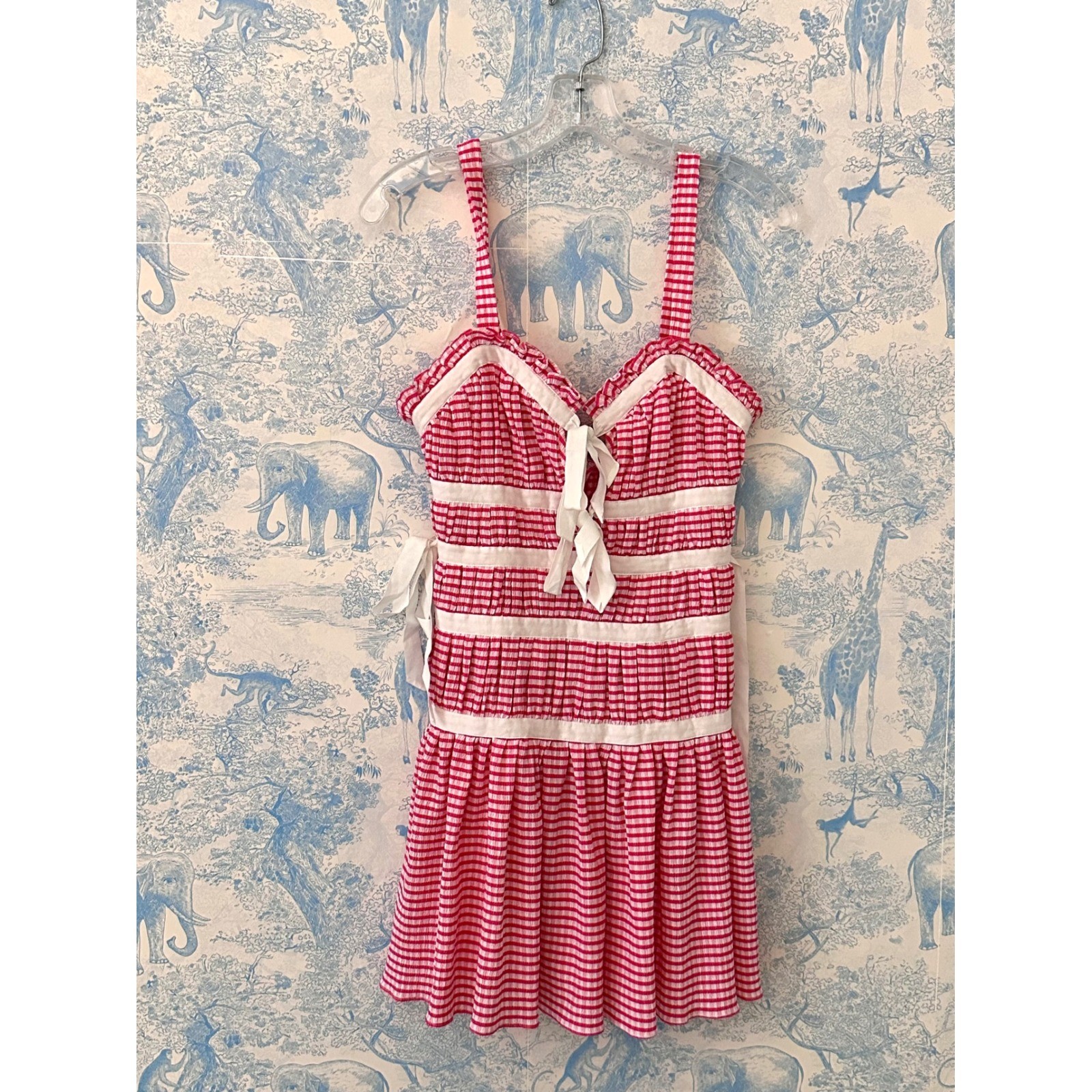 LPA Revolve Pink Gingham cottagecore milkmaid Mini Dress Ribbon Tie Smocked XS