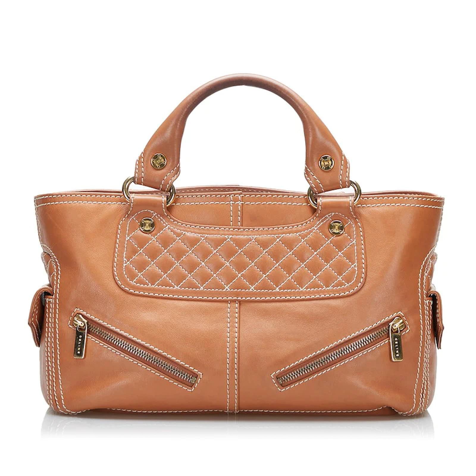 Celine Boogie Bag Tan Brown Quilted Calfskin Top Handle Gold HW Satchel Handbag