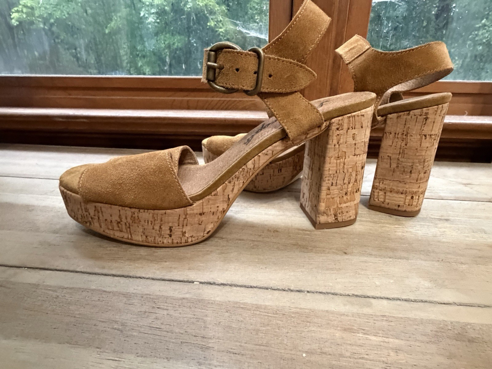 Free People Spain Camel Suede Cork Platform Block Heel Sandals EU 40 (US 9-9.5)