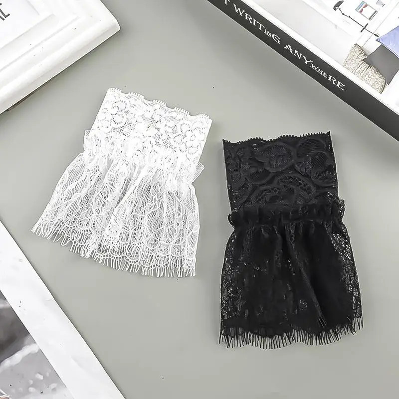 Women Fake Arm Sleeves with Short Tassels White and Black Pleated Cuff Beautiful