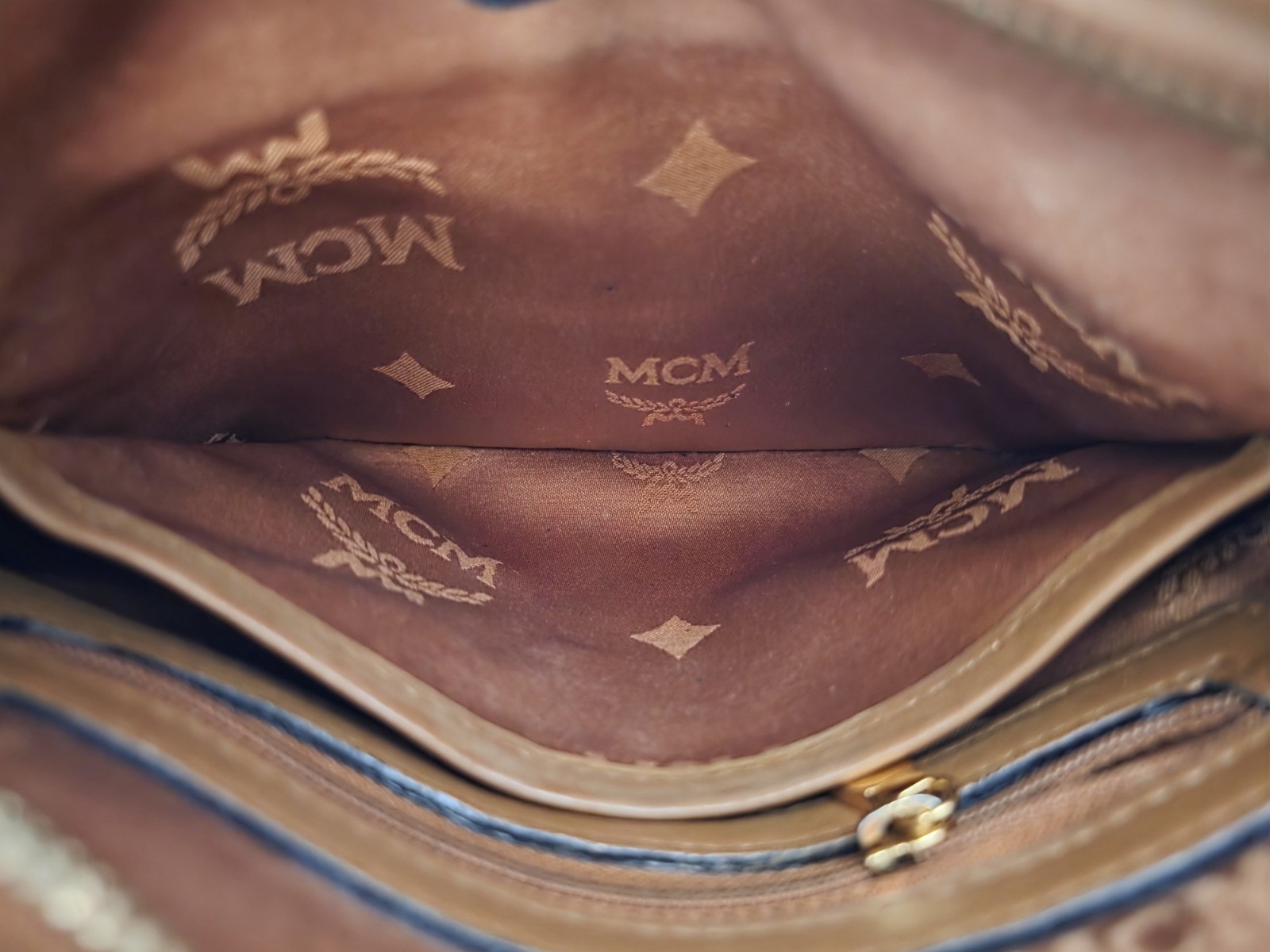 MCM Cognac Monogram Small Flat Shoulder Crossbody Bag AUTHENTIC